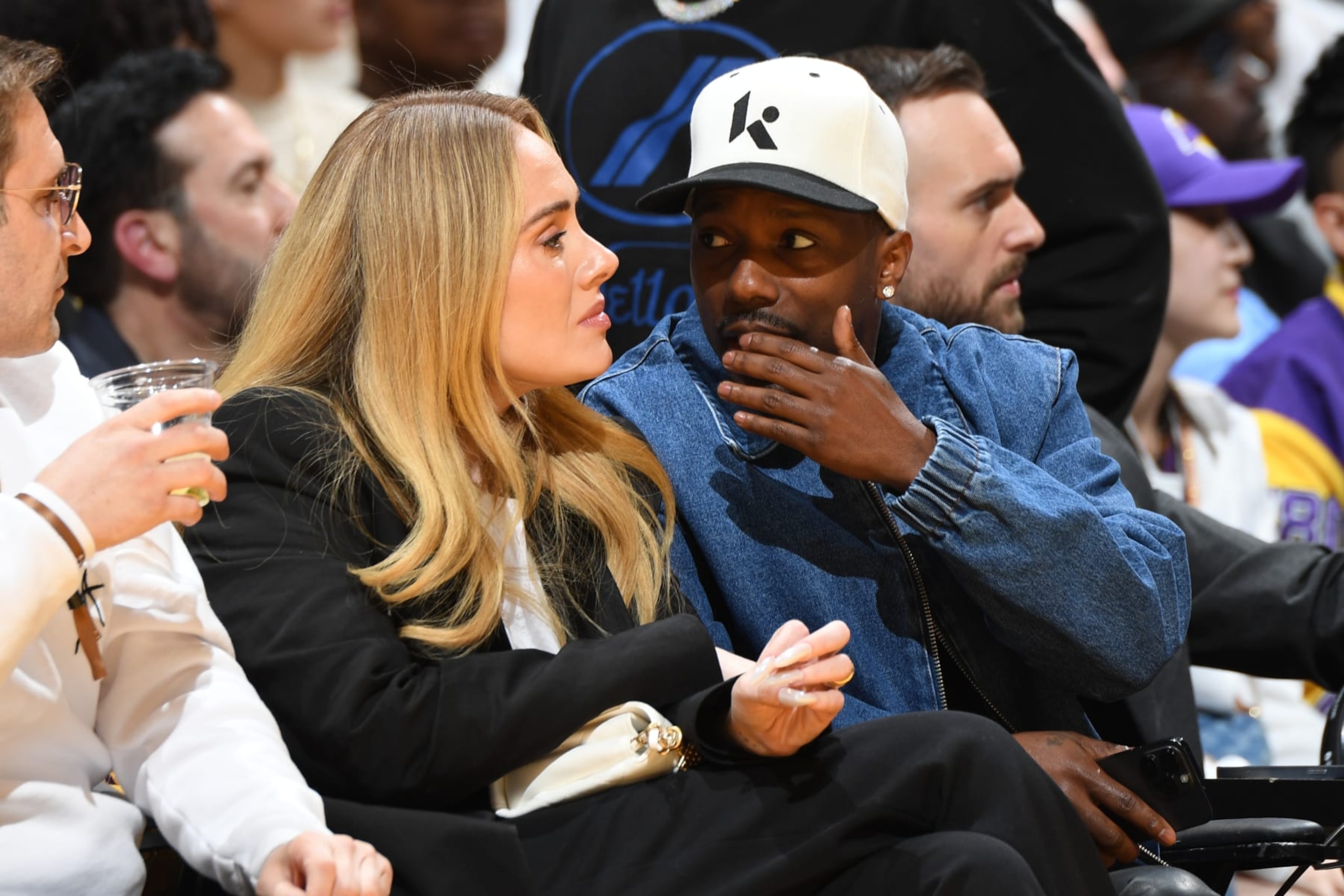 LOS ANGELES, CA - APRIL 27: Rich Paul and Adele sit court side during the game between the Denver Nuggets and the Los Angeles Lakers during Round 1 Game 4 of the 2024 NBA Playoffs on April 27, 2024 at Crypto.Com Arena in Los Angeles, California. NOTE TO USER: User expressly acknowledges and agrees that, by downloading and/or using this Photograph, user is consenting to the terms and conditions of the Getty Images License Agreement. Mandatory Copyright Notice: Copyright 2024 NBAE (Photo by Andrew D. Bernstein/NBAE via Getty Images)