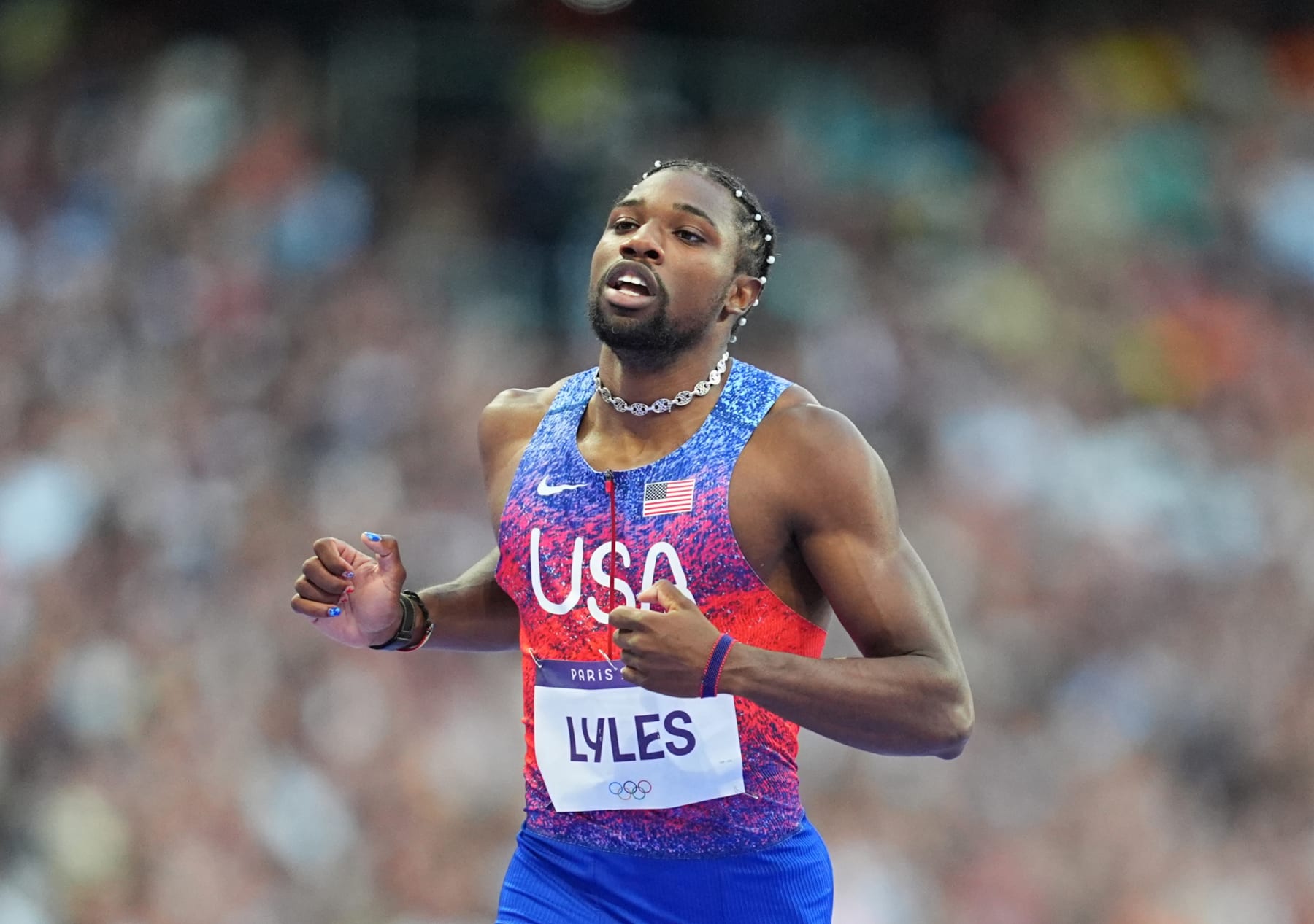 Noah Lyles of USA competes during the Men's Athletics 200m men's final on Day 13 of the Olympic Games Paris 2024 at Stade de France on August 8, 2024 in Saint-Denis, France. (Photo by Ulrik Pedersen/DeFodi Images via Getty Images)
