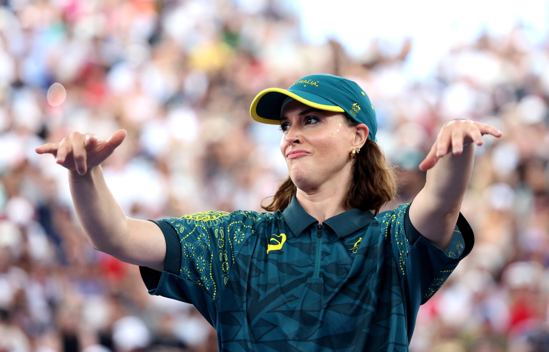 PARIS, FRANCE - AUGUST 09: B-Girl Raygun of Team Australia
reacts during the B-Girls Round Robin - Group B on day fourteen of the Olympic Games Paris 2024 at Place de la Concorde on August 09, 2024 in Paris, France. (Photo by Elsa/Getty Images)