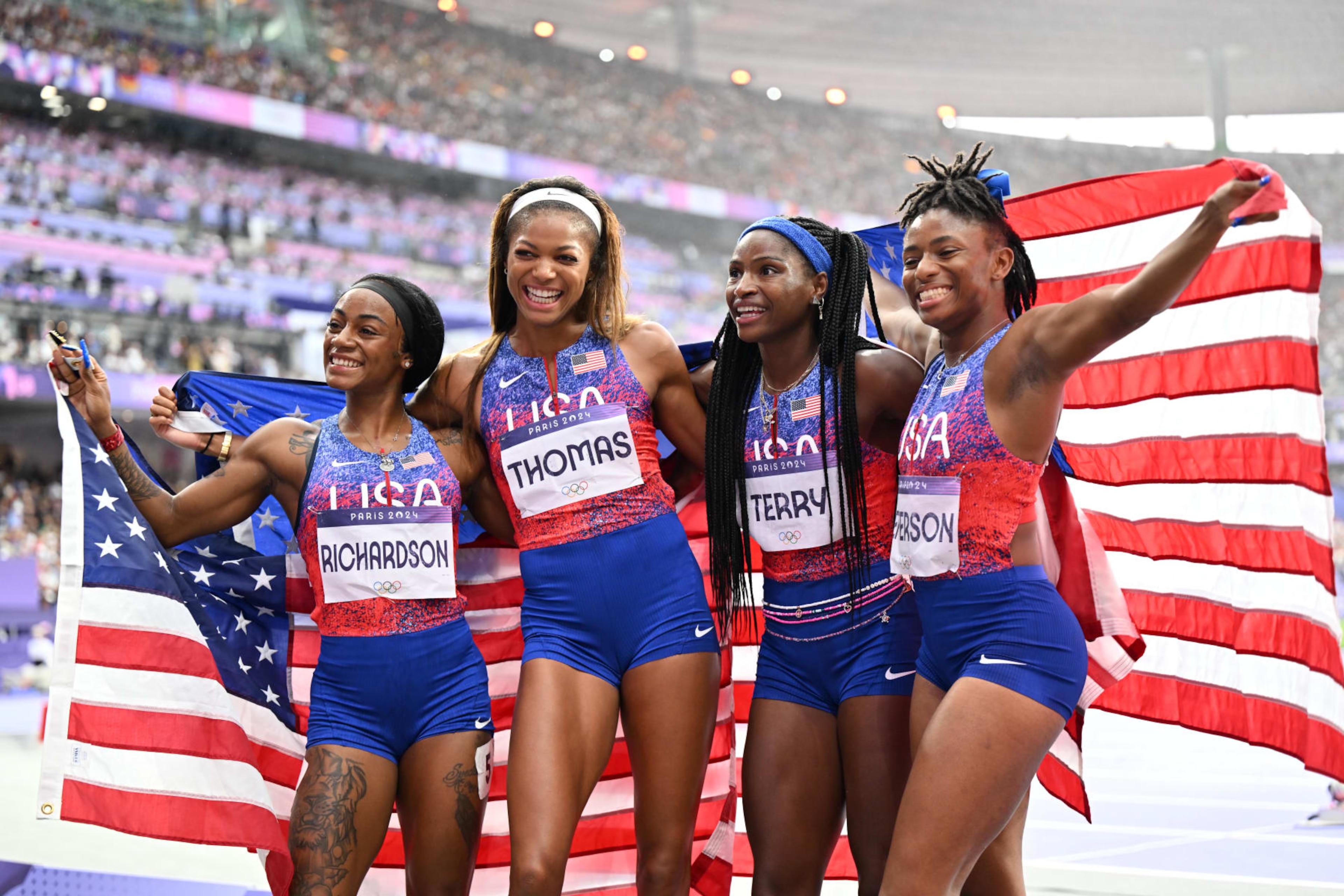 Sha'Carri Richardson, Gabby Thomas, Twanisha Terry and Melissa Jefferson celebrate their 4x100-meter relay gold medal. Sha'Carri Richardson, Gabby Thomas, Twanisha Terry and Melissa Jefferson celebrate their 4x100-meter relay gold medal.