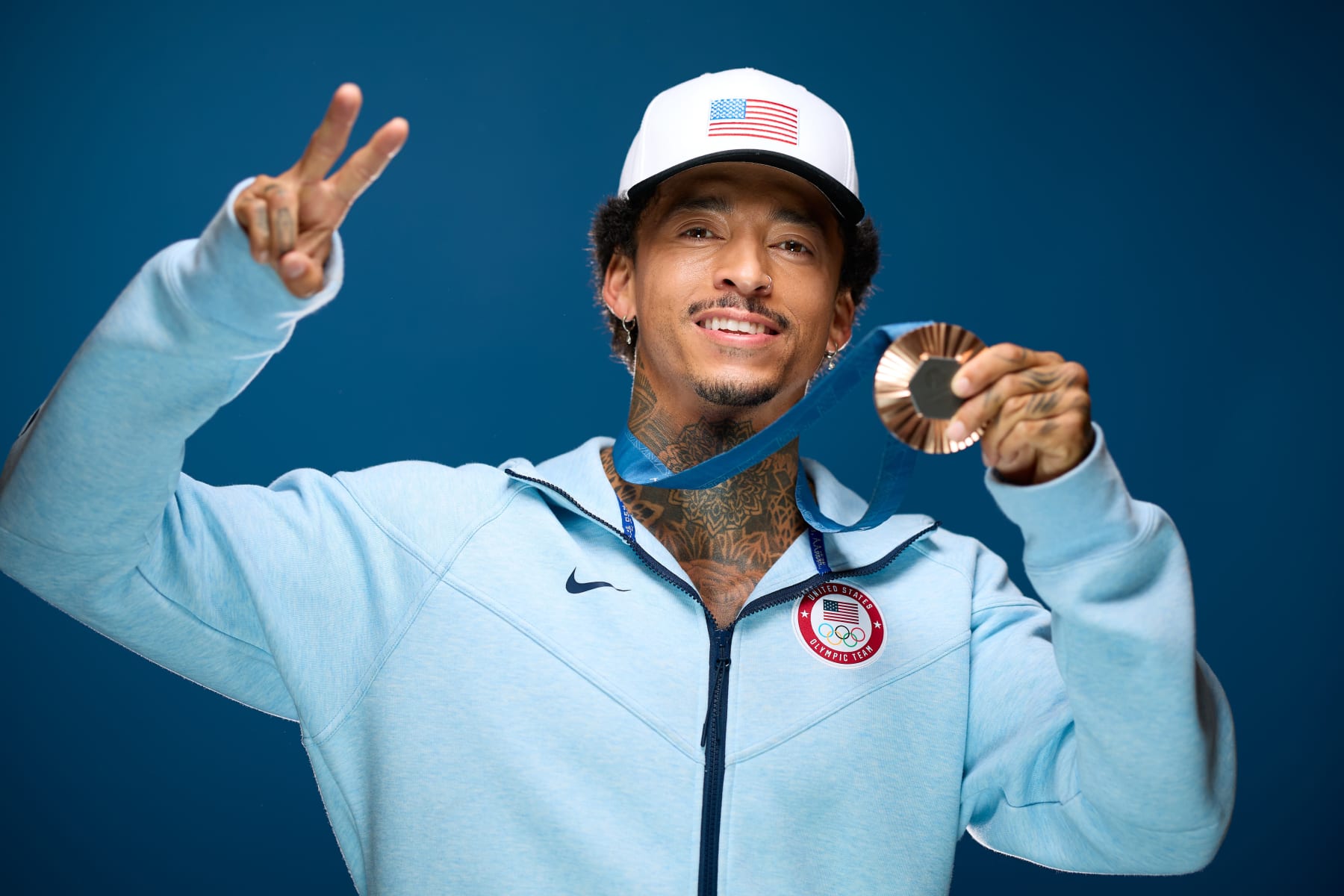 PARIS, FRANCE - JULY 30 U.S. Olympian Nyjah Huston poses for a photo at the USA House at Paris 2024 on July 30, 2024 in Paris, France. (Photo by Joe Scarnici/Getty Images for USOPC)