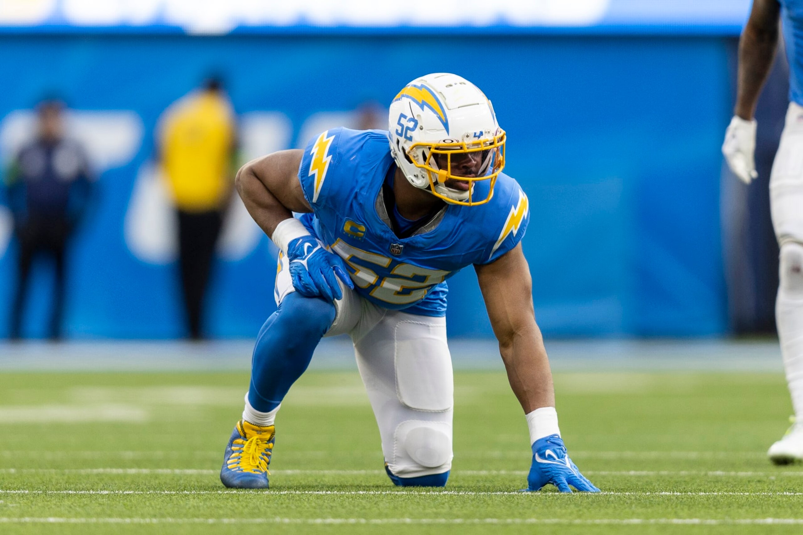 INGLEWOOD, CALIFORNIA - JANUARY 07: Khalil Mack #52 of the Los Angeles Chargers lines up during an NFL football game between the Los Angeles Chargers and the Kansas City Chiefs at SoFi Stadium on January 07, 2024 in Inglewood, California. (Photo by Michael Owens/Getty Images) INGLEWOOD, CALIFORNIA - JANUARY 07: Khalil Mack #52 of the Los Angeles Chargers lines up during an NFL football game between the Los Angeles Chargers and the Kansas City Chiefs at SoFi Stadium on January 07, 2024 in Inglewood, California. (Photo by Michael Owens/Getty Images)