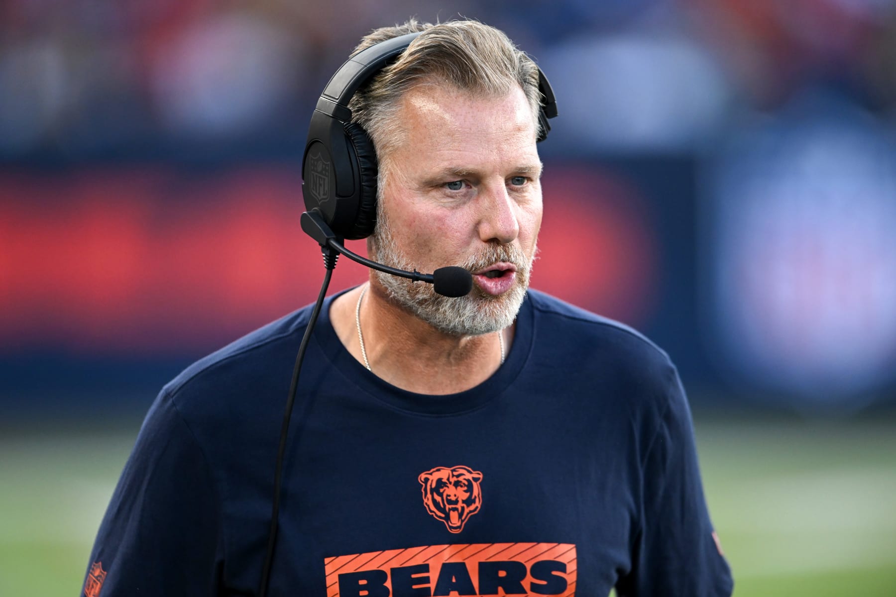 CANTON, OHIO - AUGUST 01: Head coach Matt Eberflus of the Chicago Bears looks on during the first half of the 2024 Pro Football Hall of Fame Game against the Houston Texans at Tom Benson Hall Of Fame Stadium on August 01, 2024 in Canton, Ohio. (Photo by Nick Cammett/Getty Images)