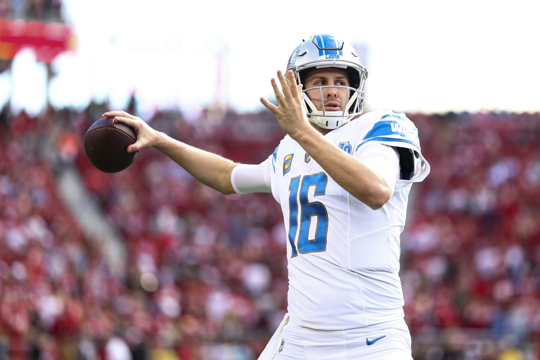 SANTA CLARA, CA - JANUARY 28: Jared Goff #16 of the Detroit Lions warms up prior to the NFC Championship NFL football game against the San Francisco 49ers at Levi's Stadium on January 28, 2024 in Santa Clara, California. (Photo by Kevin Sabitus/Getty Images)
