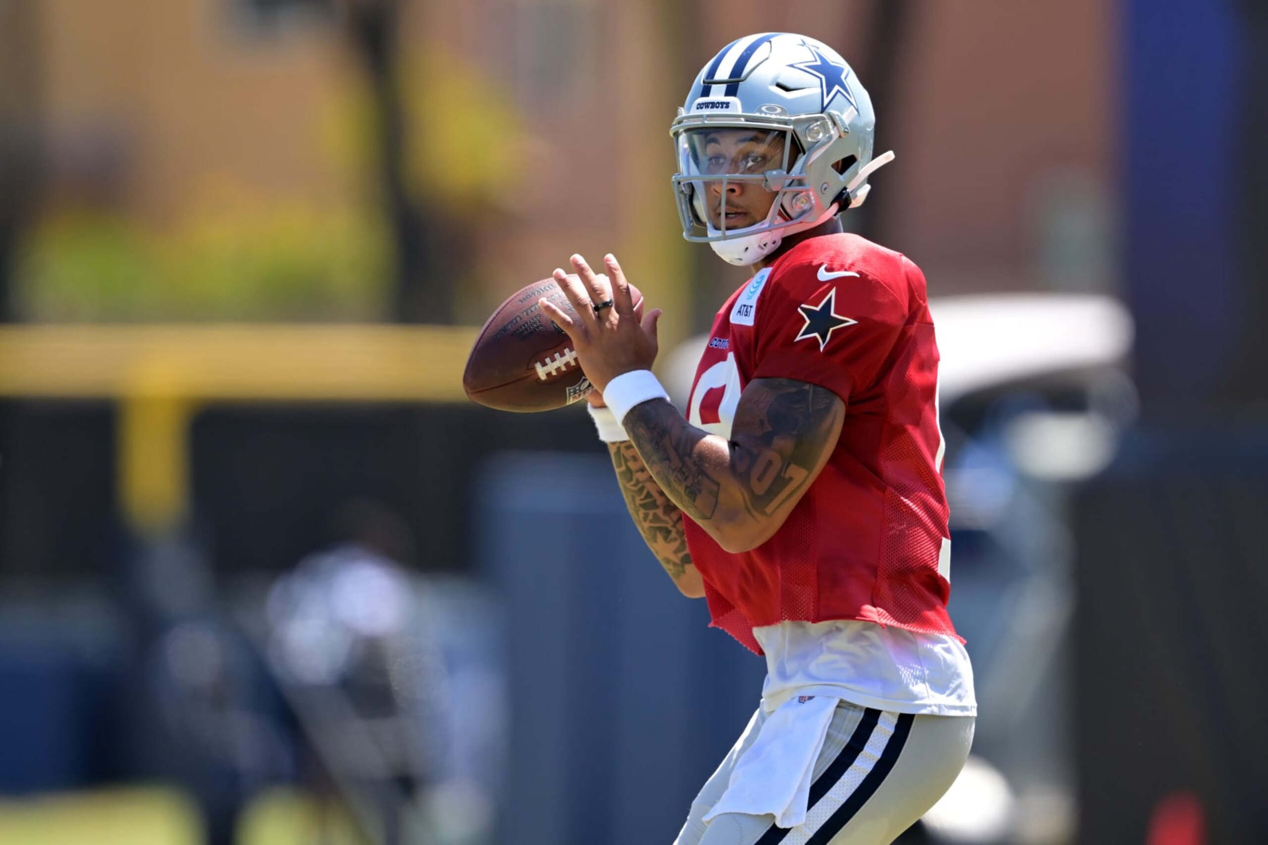 OXNARD, CALIFORNIA - AUGUST 6: Trey Lance #19 of the Dallas Cowboys participates in drills during NFL training camp at River Ridge Fields on August 6, 2024 in Oxnard, California. (Photo by Jayne Kamin-Oncea/Getty Images)