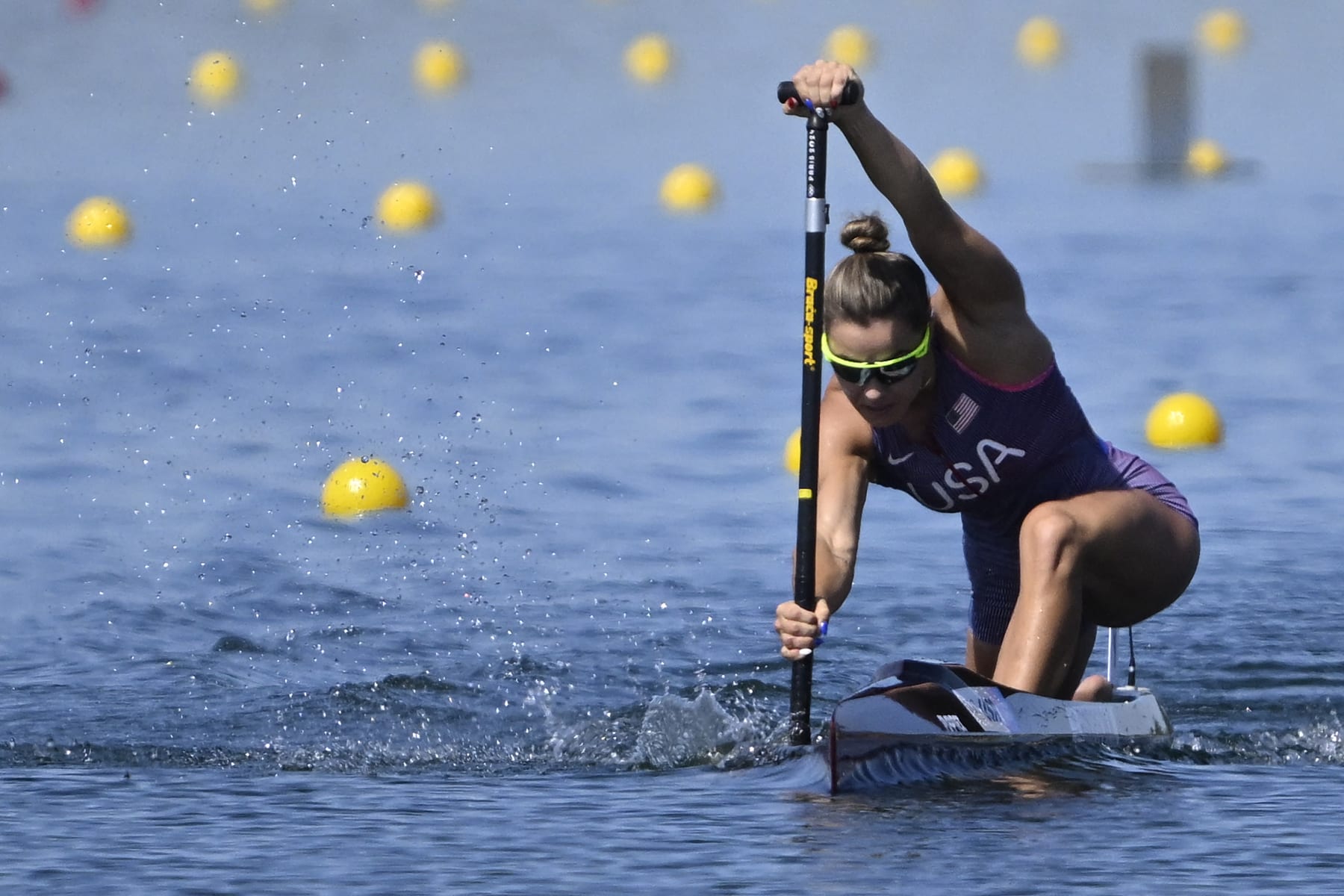 US' Nevin Harrison competes in the women's canoe single 200m semifinal of the canoe sprint competition at Vaires-sur-Marne Nautical Stadium in Vaires-sur-Marne during the Paris 2024 Olympic Games on August 10, 2024. (Photo by Olivier MORIN / AFP) (Photo by OLIVIER MORIN/AFP via Getty Images)