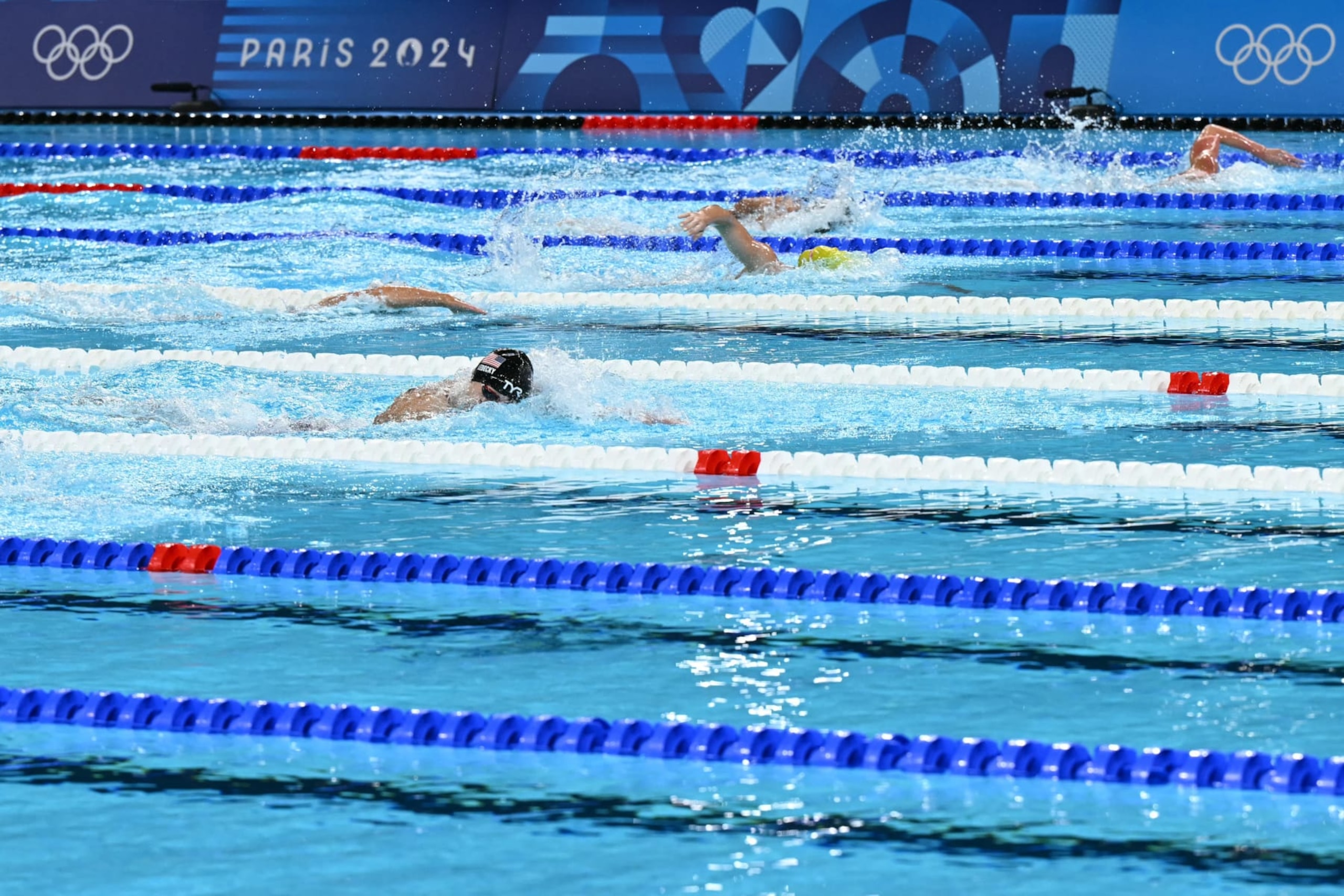 US' Katie Ledecky competes in the final of the women's 800m freestyle swimming event during the Paris 2024 Olympic Games at the Paris La Defense Arena in Nanterre, west of Paris, on August 3, 2024. (Photo by Jonathan NACKSTRAND / AFP) (Photo by JONATHAN NACKSTRAND/AFP via Getty Images)