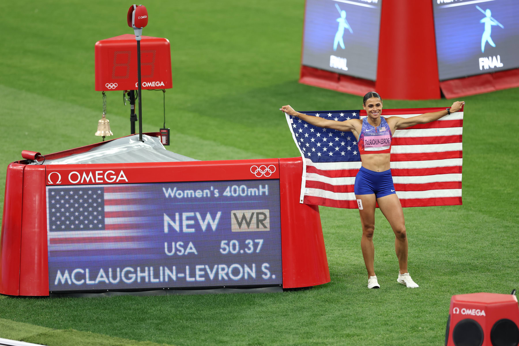 Track & Field: 2024 Summer Olympics:  Team USA Sydney McLaughlin-Levrone victorious after winning the Gold medal in the Women's  400m hurdles final at Stade de France.
Paris, France 8/8/2024 
CREDIT: Simon Bruty (Photo by Simon Bruty/Sports Illustrated via Getty Images) 
(Set Number: X164580 TK1)