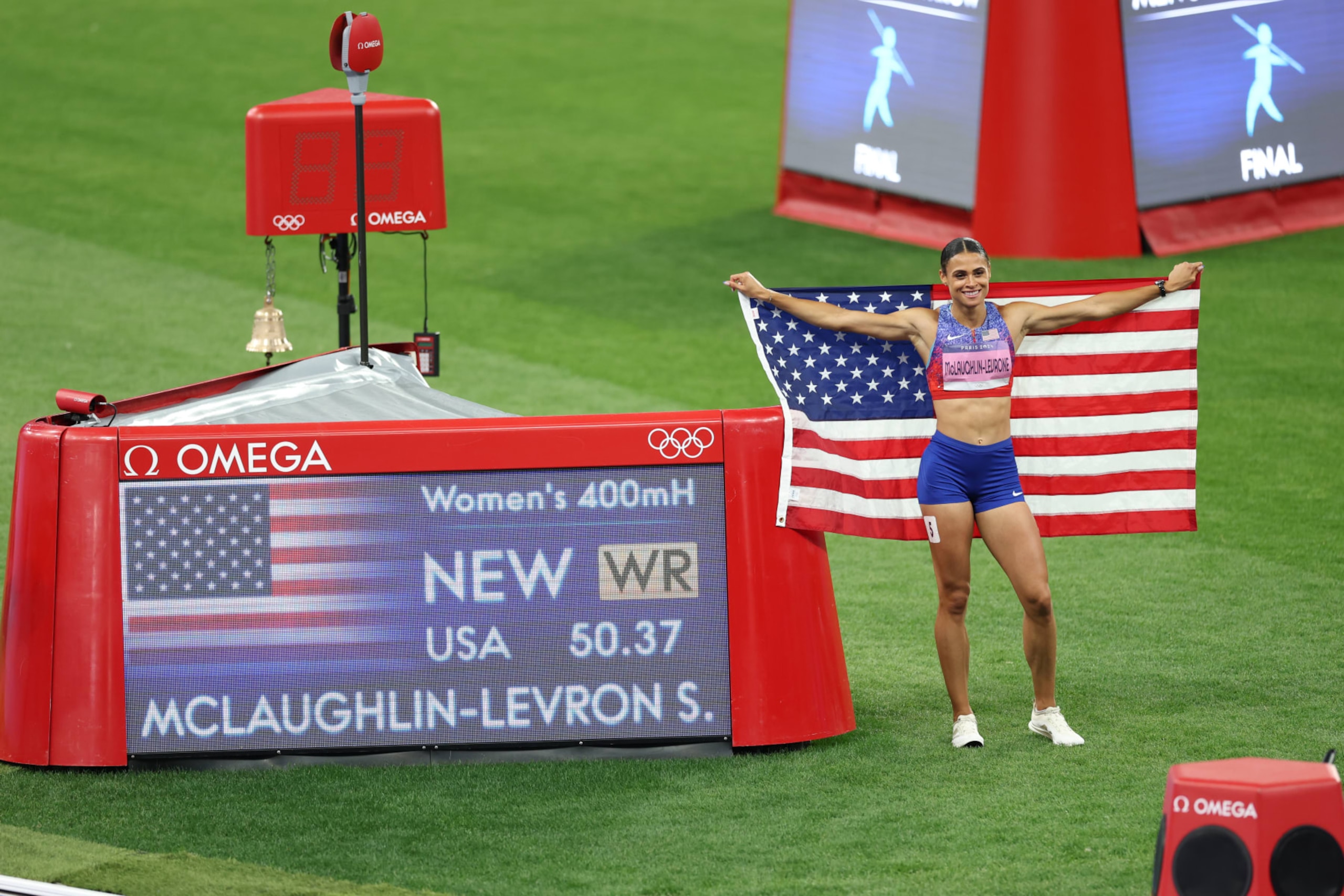 Track & Field: 2024 Summer Olympics:  Team USA Sydney McLaughlin-Levrone victorious after winning the Gold medal in the Women's  400m hurdles final at Stade de France.
Paris, France 8/8/2024 
CREDIT: Simon Bruty (Photo by Simon Bruty/Sports Illustrated via Getty Images) 
(Set Number: X164580 TK1)