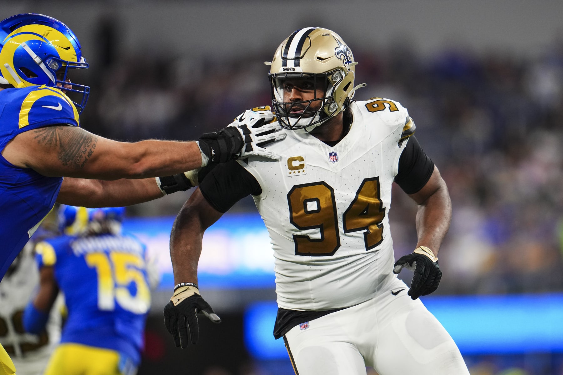 INGLEWOOD, CA - DECEMBER 21: Cameron Jordan #94 of the New Orleans Saints rushes the passer during an NFL football game against the Los Angeles Rams at SoFi Stadium on December 21, 2023 in Inglewood, California. (Photo by Cooper Neill/Getty Images)