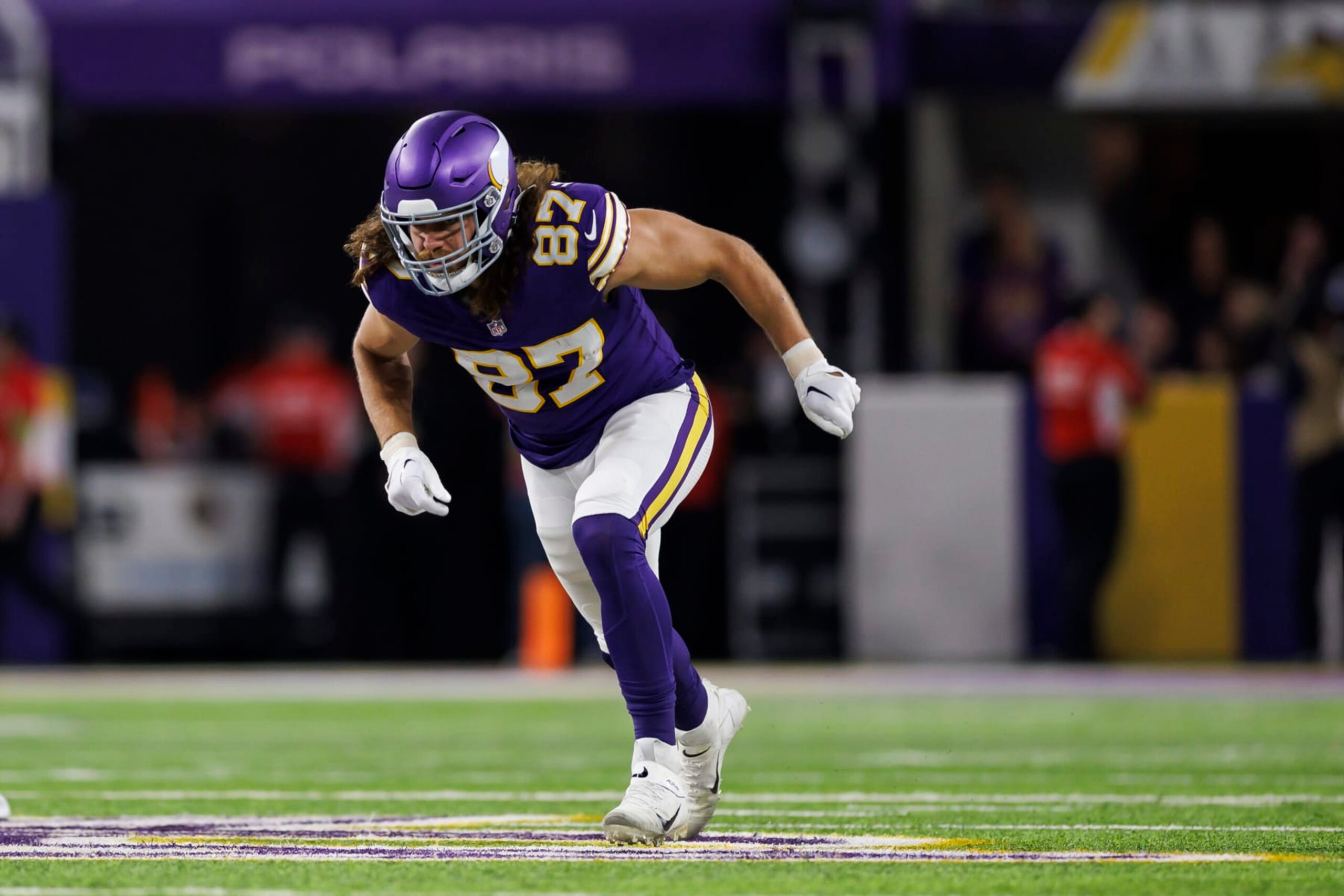 MINNEAPOLIS, MINNESOTA - NOVEMBER 27: T.J. Hockenson #87 of the Minnesota Vikings runs a route during an NFL football game against the Chicago Bears at U.S. Bank Stadium on November 27, 2023 in Minneapolis, Minnesota. (Photo by Ryan Kang/Getty Images)