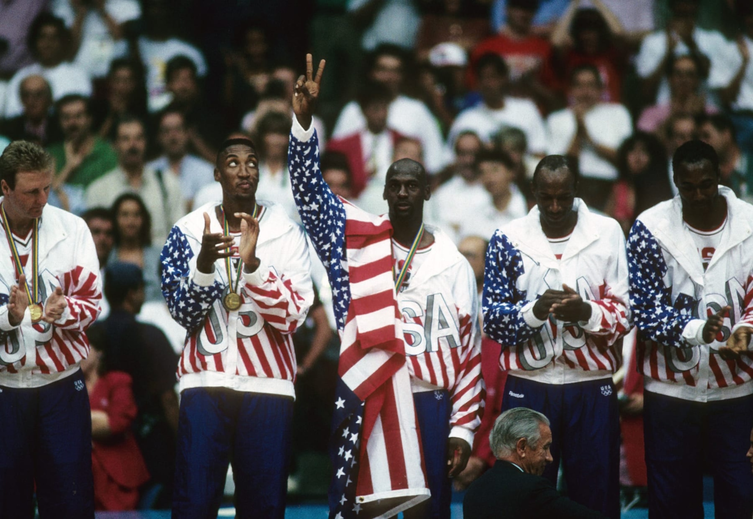 Larry Bird, Scottie Pippen, Michael Jordan, Clyde Drexler and Karl Malone