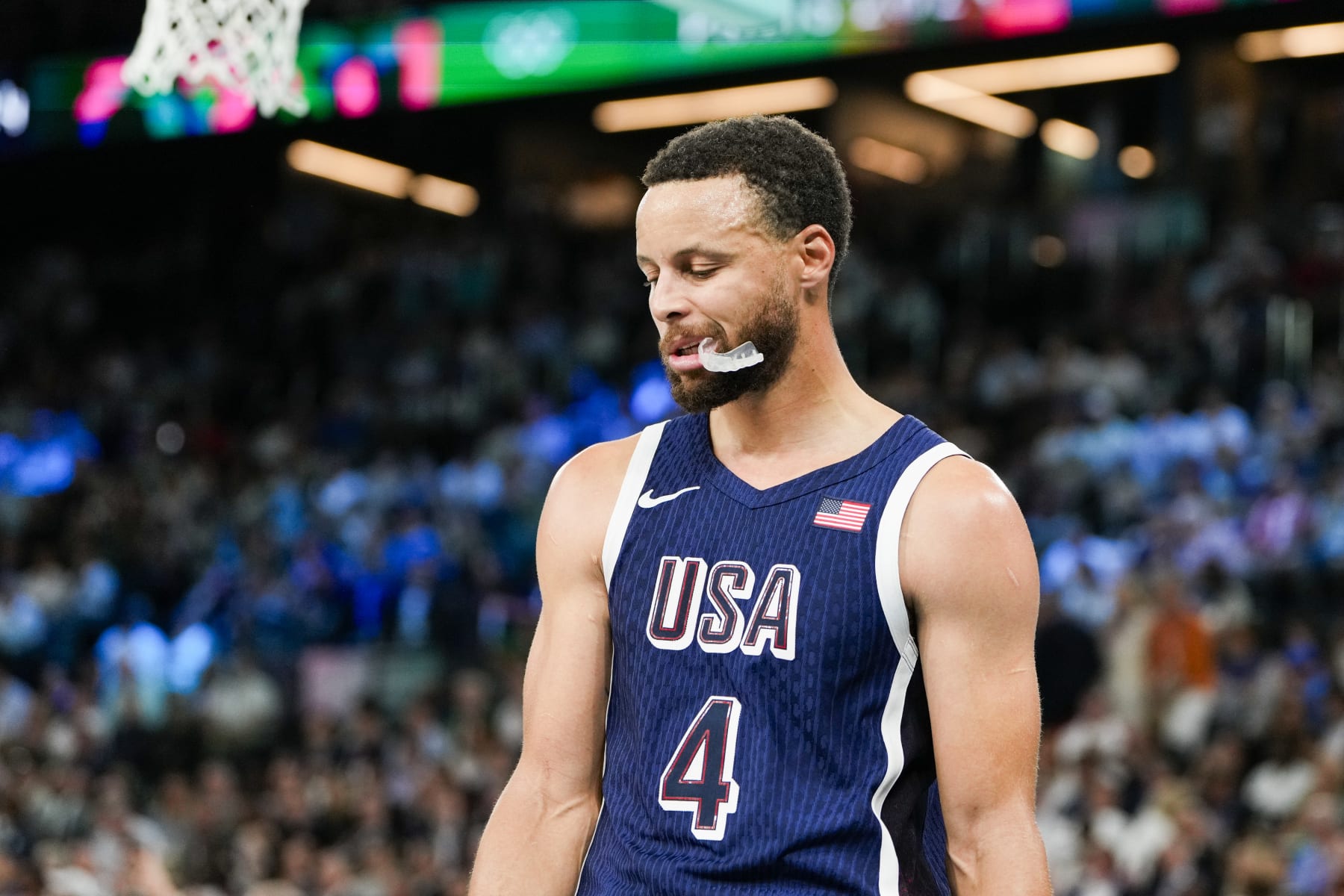 PARIS, FRANCE - AUGUST 10: Stephen Curry of United States looks on during the Men's Gold Medal Game, Game 50, match between France and United States on day fifteen of the Olympic Games Paris 2024 at Bercy Arena on August 10, 2024 in Paris, France. (Photo by Jari Pestelacci/Eurasia Sport Images/Getty Images)