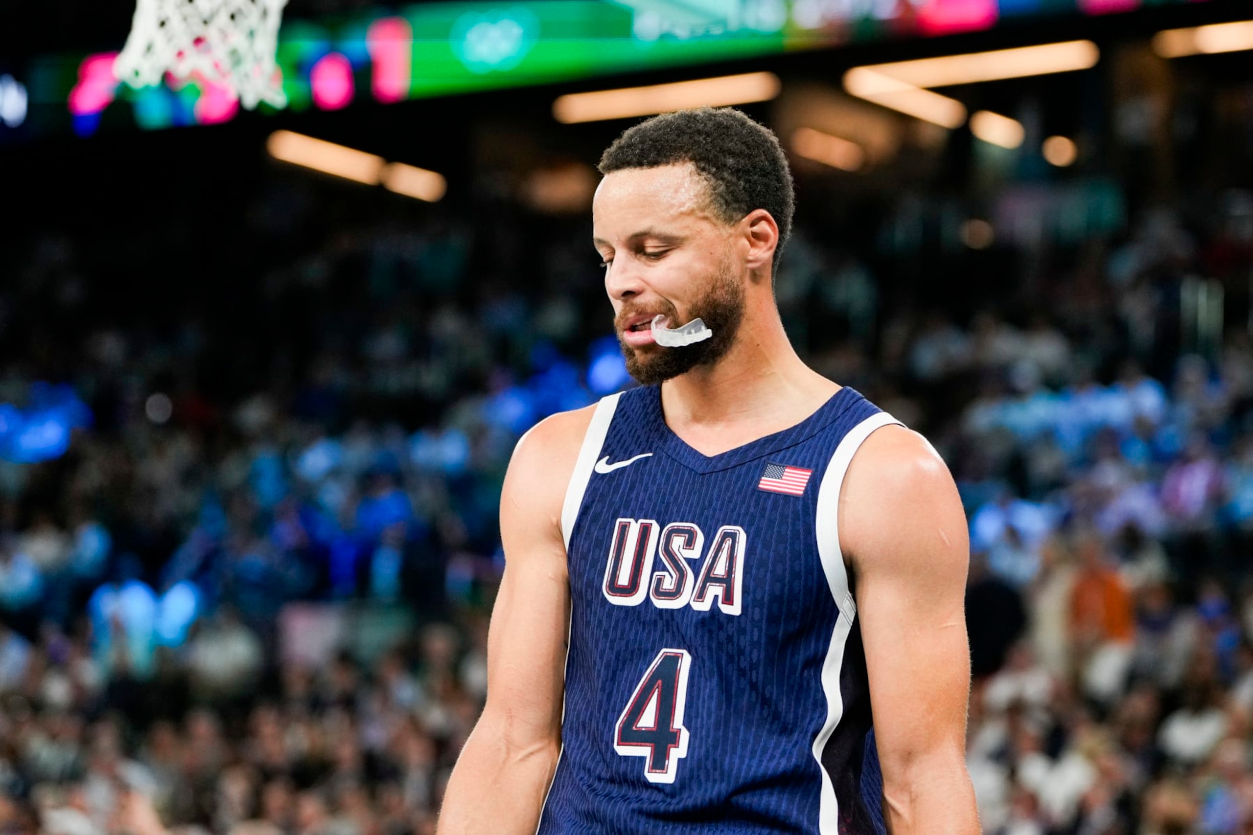 PARIS, FRANCE - AUGUST 10: Stephen Curry of United States looks on during the Men's Gold Medal Game, Game 50, match between France and United States on day fifteen of the Olympic Games Paris 2024 at Bercy Arena on August 10, 2024 in Paris, France. (Photo by Jari Pestelacci/Eurasia Sport Images/Getty Images)