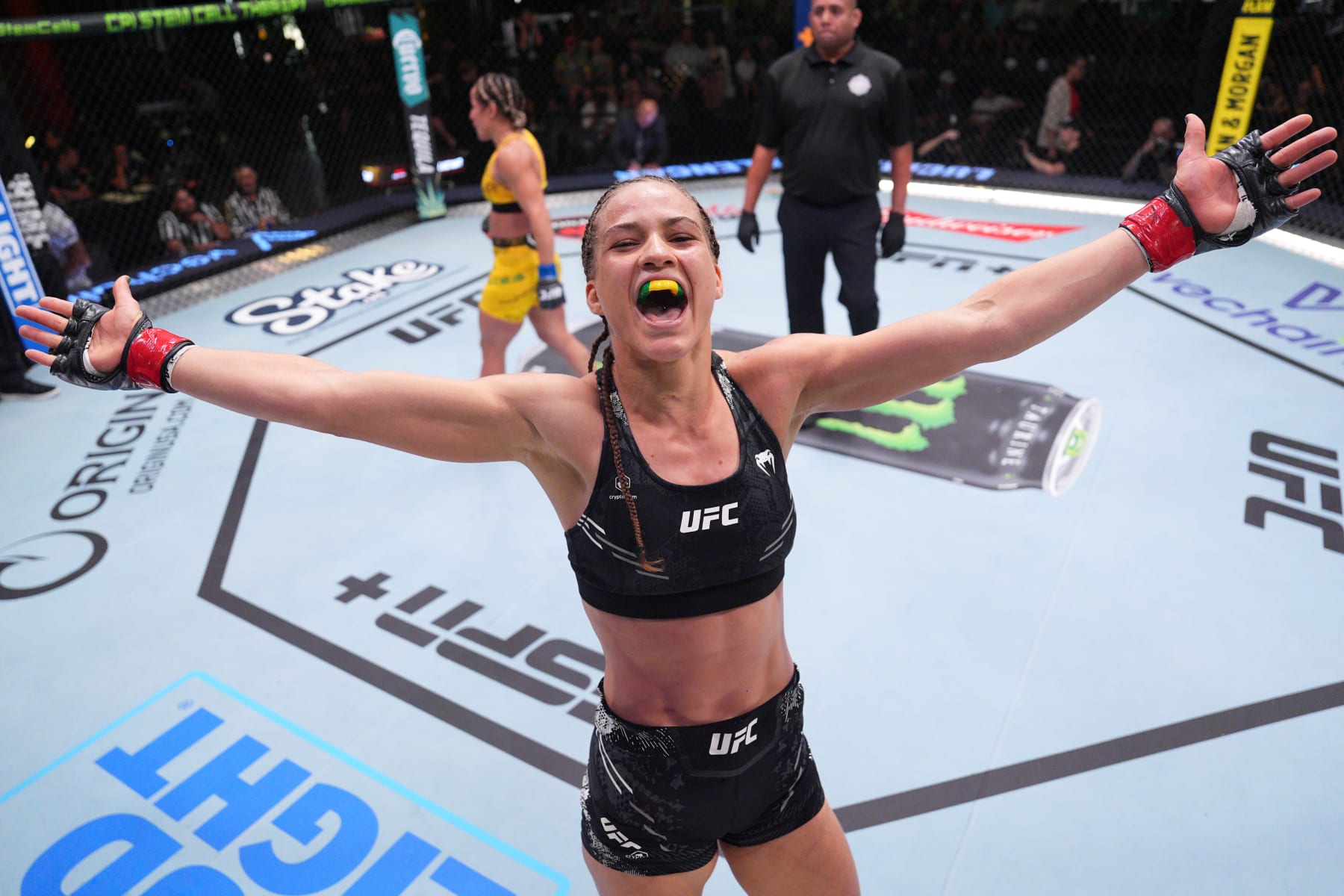 LAS VEGAS, NEVADA - AUGUST 10: Stephanie Luciano of Brazil reacts after a strawweight fight against Talita Alencar of Brazil during the UFC Fight Night event at UFC APEX on August 10, 2024 in Las Vegas, Nevada. (Photo by Al Powers/Zuffa LLC)