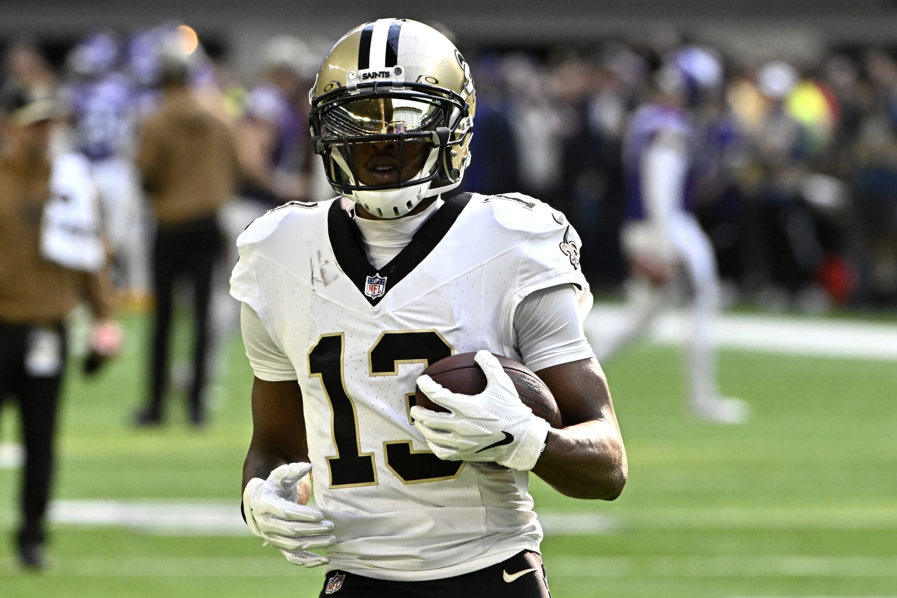 MINNEAPOLIS, MINNESOTA - NOVEMBER 12: Michael Thomas #13 of the New Orleans Saints warms up before the game against the Minnesota Vikings at U.S. Bank Stadium on November 12, 2023 in Minneapolis, Minnesota. (Photo by Stephen Maturen/Getty Images)