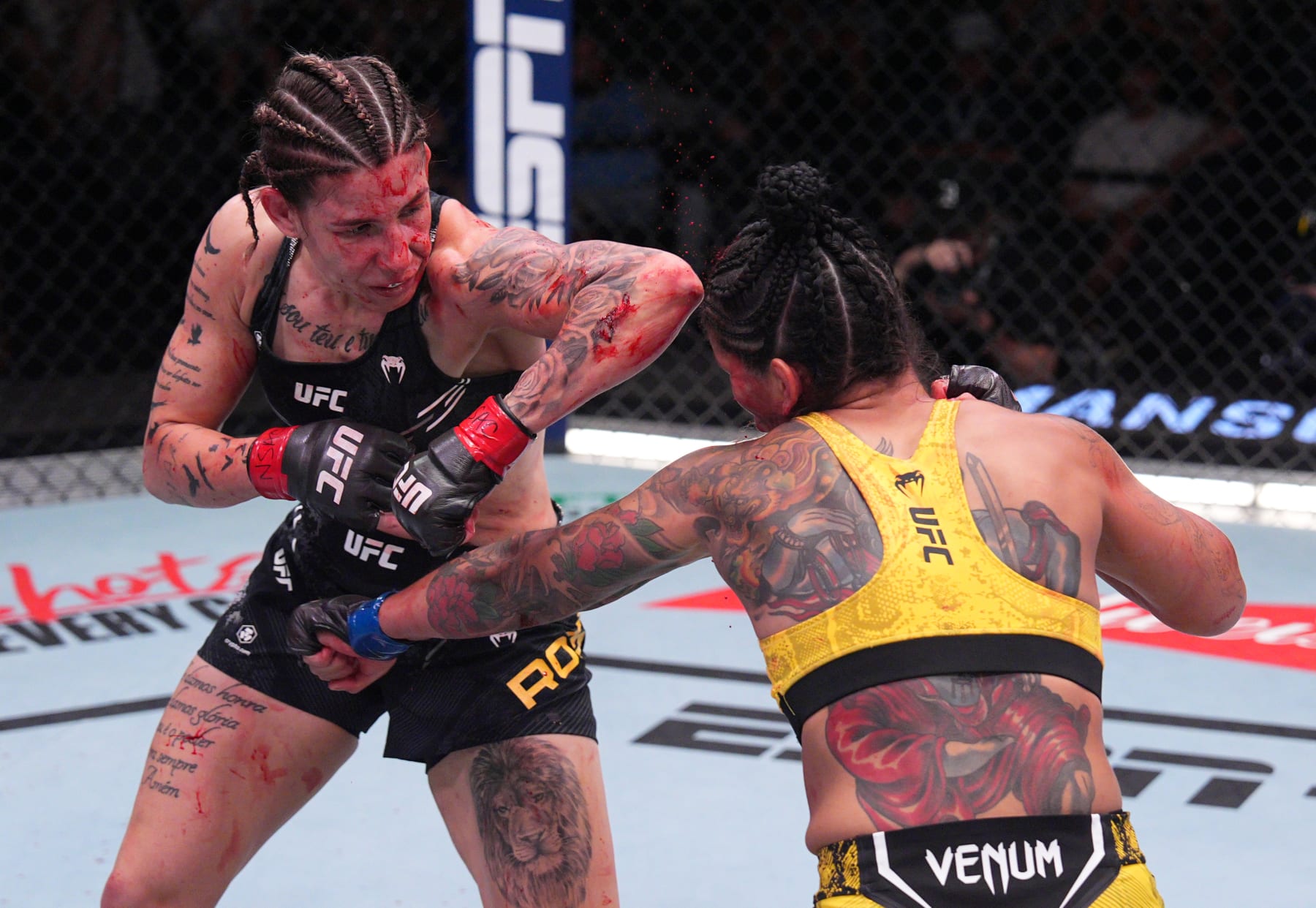 LAS VEGAS, NEVADA - AUGUST 10: (L-R) Karol Rosa of Brazil elbows Pannie Kianzad of Iran in a bantamweight fight during the UFC Fight Night event at UFC APEX on August 10, 2024 in Las Vegas, Nevada. (Photo by Al Powers/Zuffa LLC)