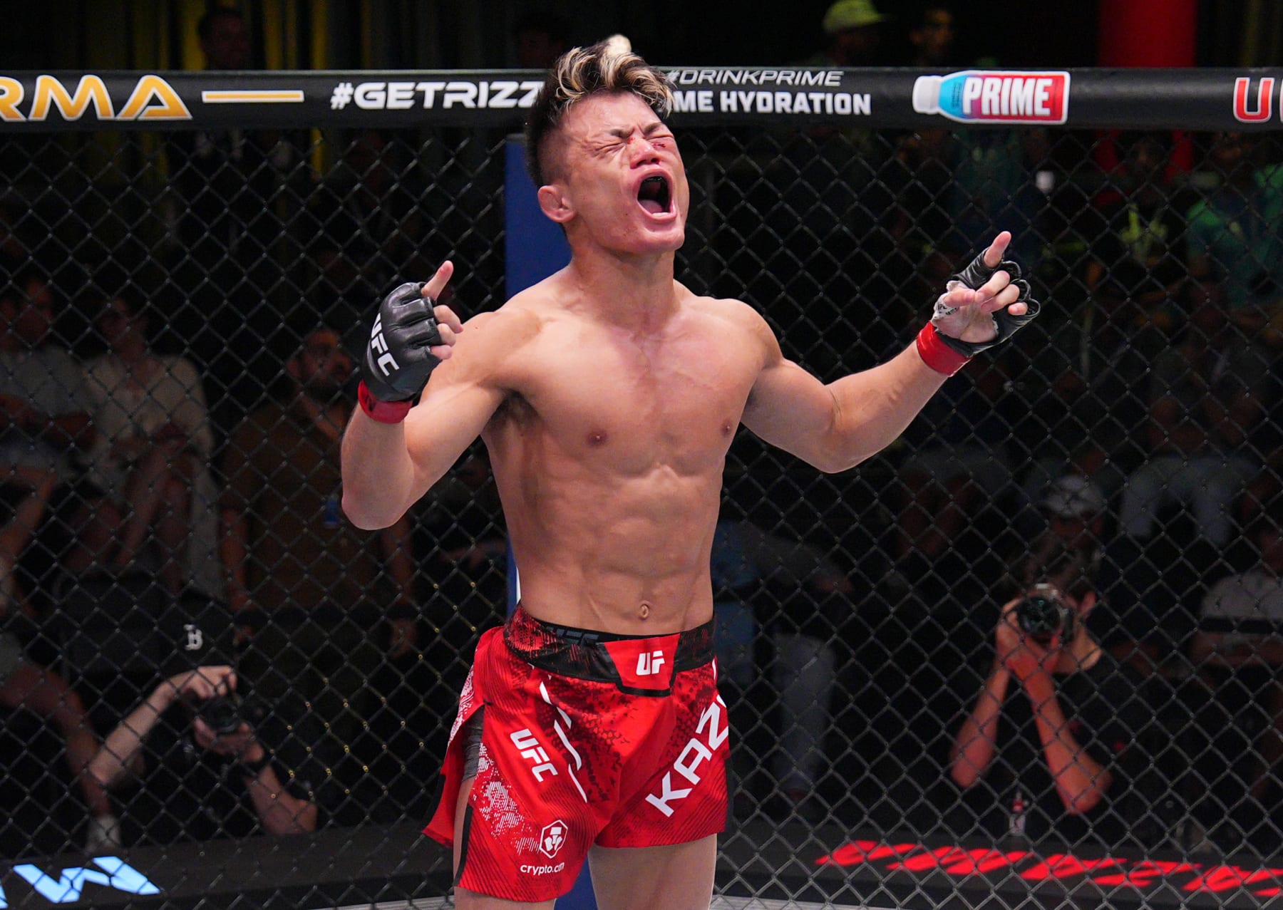 LAS VEGAS, NEVADA - AUGUST 10: Toshiomi Kazama of Japan reacts after his victory against Charalampos Grigoriou of Cyprus in a bantamweight fight during the UFC Fight Night event at UFC APEX on August 10, 2024 in Las Vegas, Nevada. (Photo by Al Powers/Zuffa LLC)