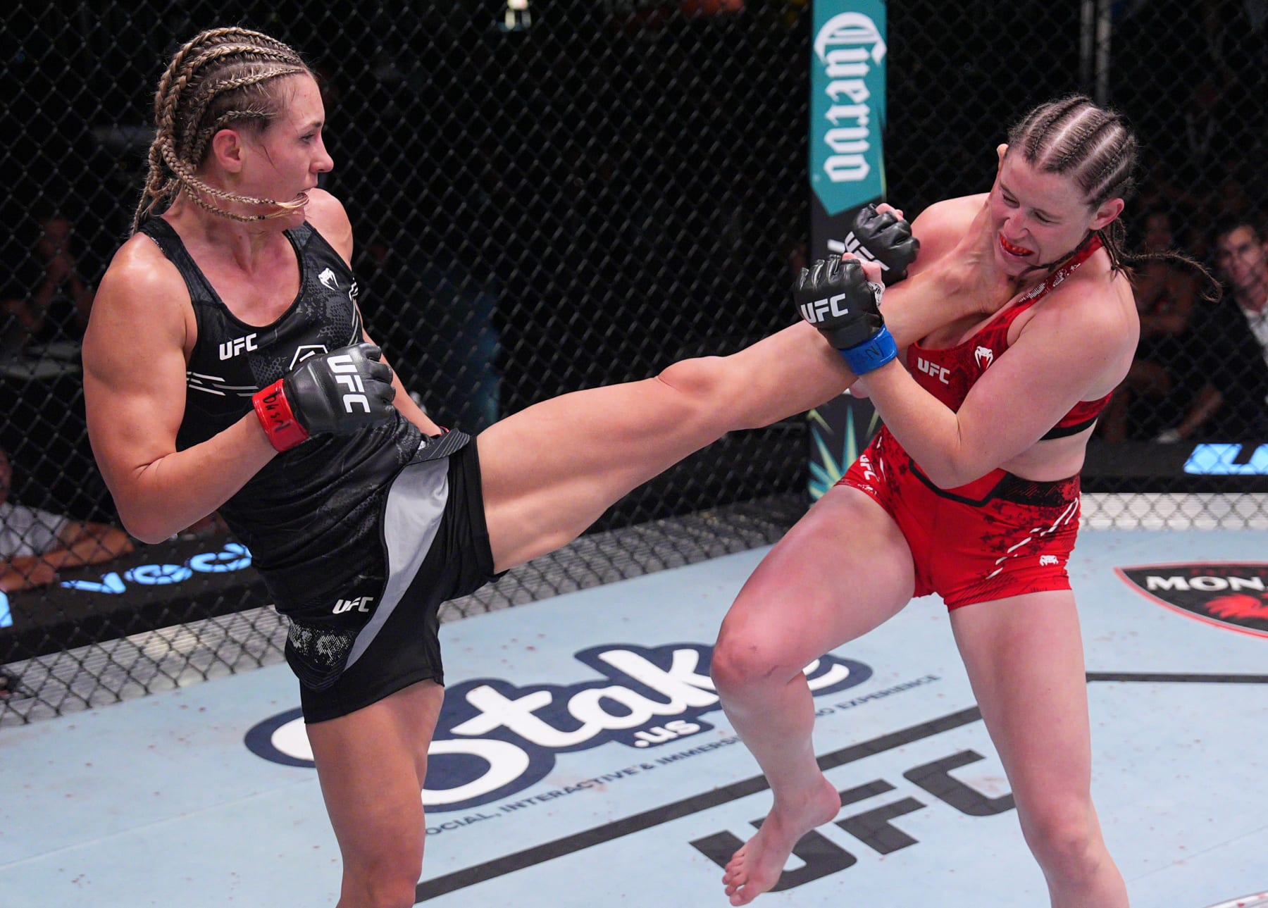 LAS VEGAS, NEVADA - AUGUST 10: (L-R) Yana Santos of Russia kicks Chelsea Chandler in a bantamweight fight during the UFC Fight Night event at UFC APEX on August 10, 2024 in Las Vegas, Nevada. (Photo by Al Powers/Zuffa LLC)