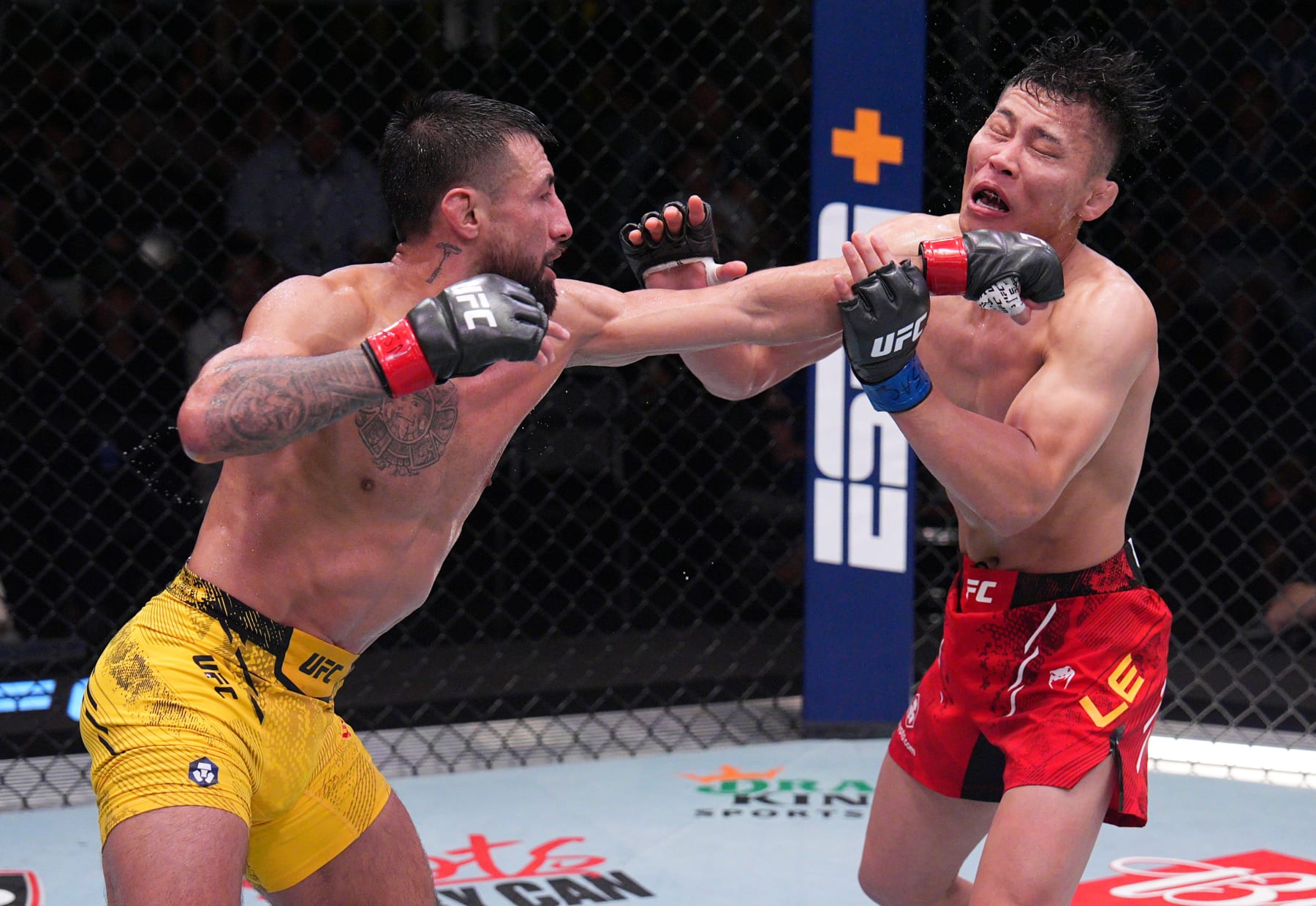 LAS VEGAS, NEVADA - AUGUST 10: (L-R) Chris Gutierrez punches Quang Le of Vietnam in a bantamweight fight during the UFC Fight Night event at UFC APEX on August 10, 2024 in Las Vegas, Nevada. (Photo by Al Powers/Zuffa LLC)