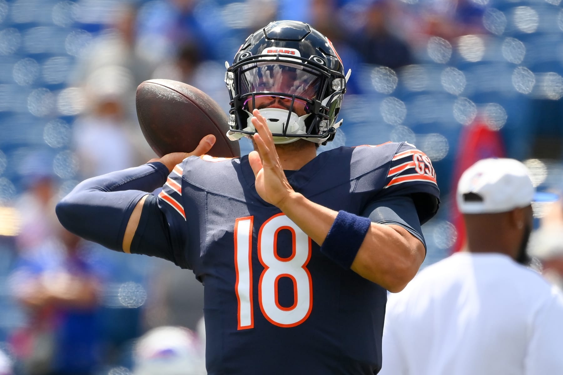 ORCHARD PARK, NEW YORK - AUGUST 10: Caleb Williams #18 of the Chicago Bears passes the ball prior to a preseason game against the Buffalo Bills at Highmark Stadium on August 10, 2024 in Orchard Park, New York. (Photo by Rich Barnes/Getty Images)