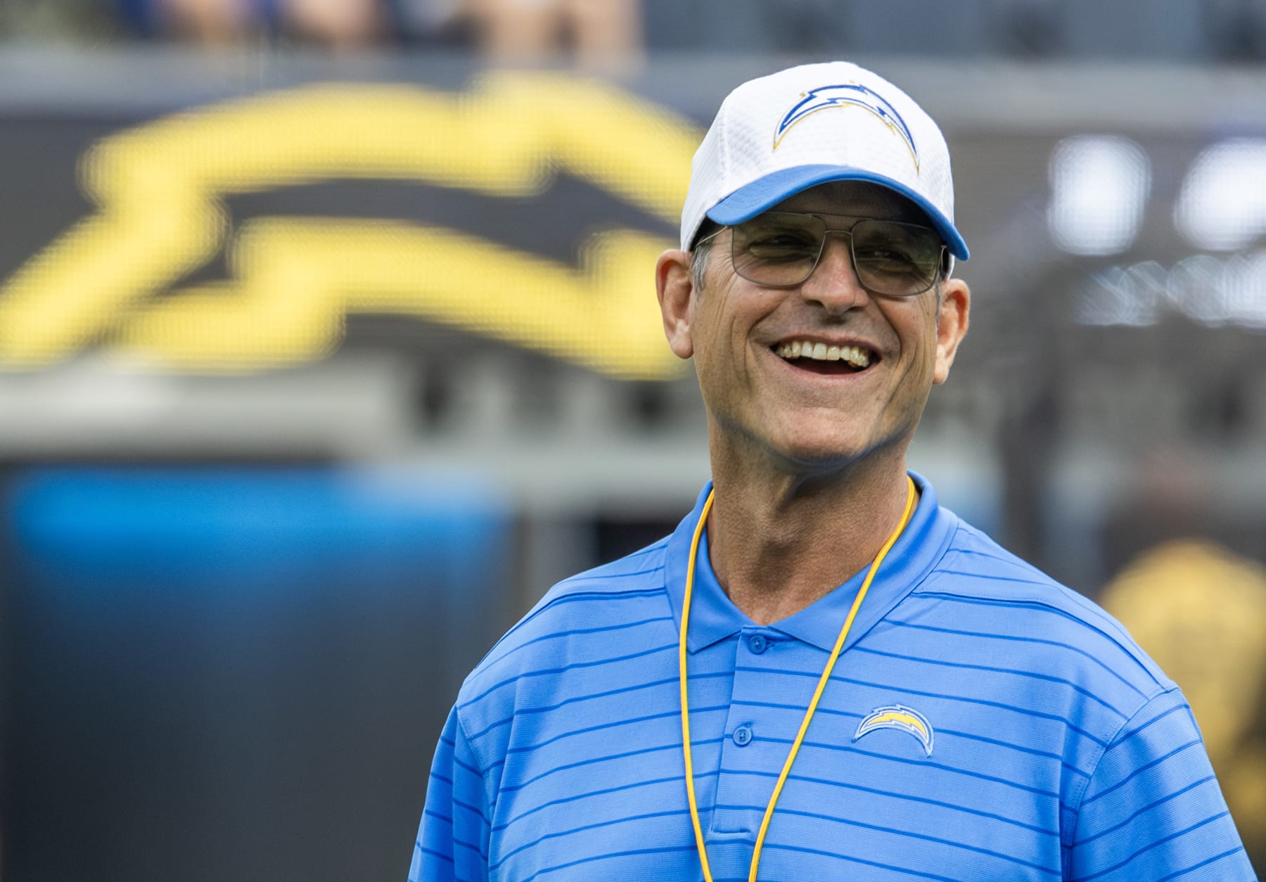 INGLEWOOD, CA - AUGUST 10: Los Angeles Chargers head coach Jim Harbaugh faces the Seattle Seahawks during a preseason game at SoFi Stadium in Inglewood, CA on Saturday, Aug. 10, 2024. (Myung J. Chun / Los Angeles Times via Getty Images)