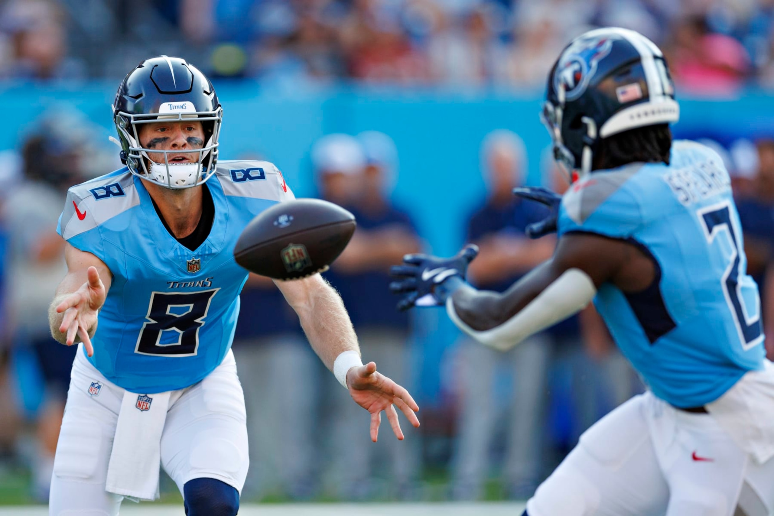 A toss from Tennessee Titans quarterback Will Levis to running back Tyjae Spears