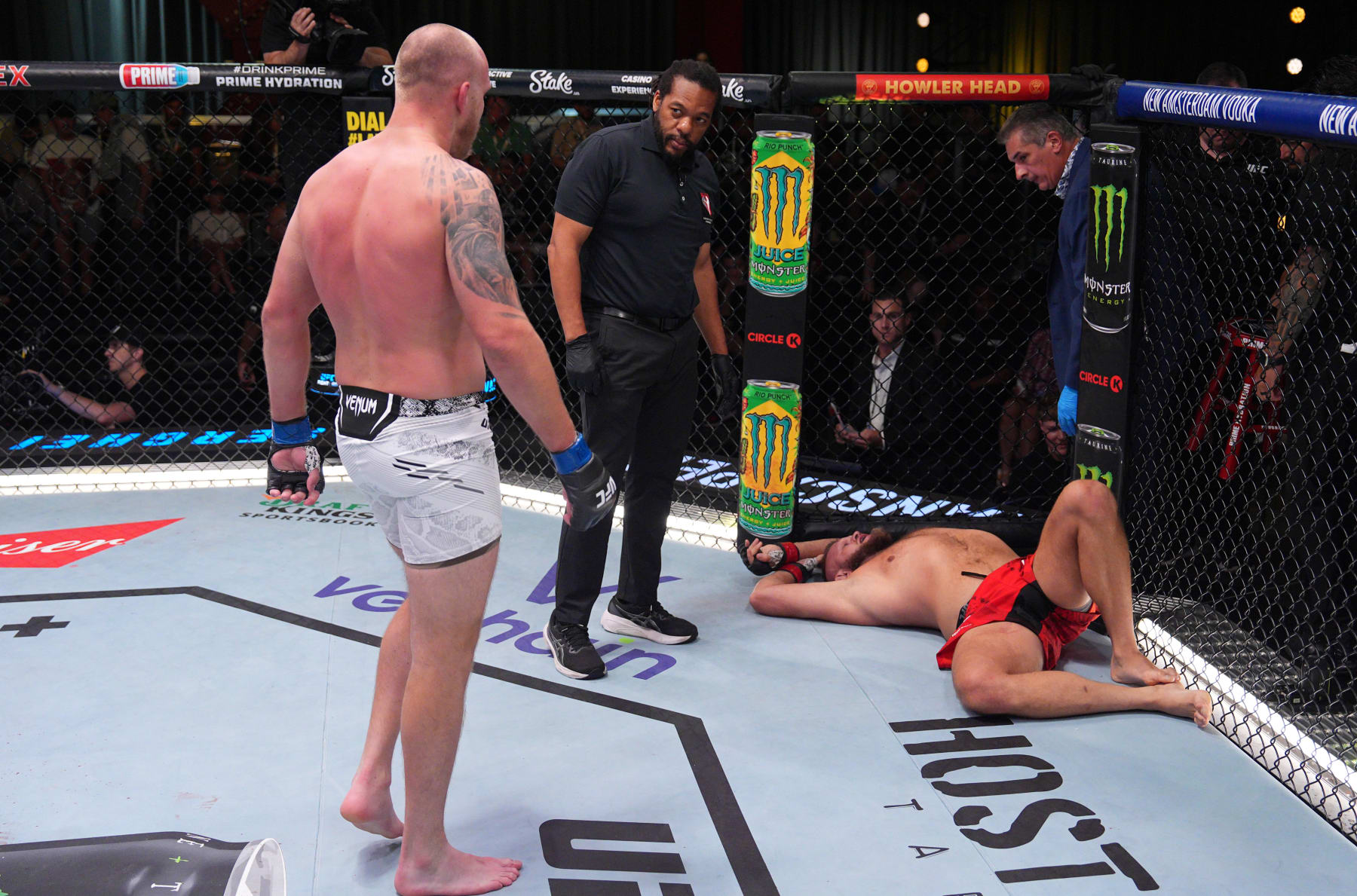 LAS VEGAS, NEVADA - AUGUST 10: Serghei Spivac of Moldova reacts after a submission victory against Marcin Tybura of Poland in a heavyweight fight during the UFC Fight Night event at UFC APEX on August 10, 2024 in Las Vegas, Nevada. (Photo by Al Powers/Zuffa LLC)