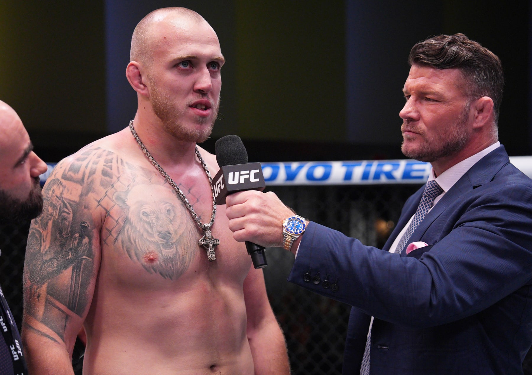 LAS VEGAS, NEVADA - AUGUST 10: Serghei Spivac of Moldova reacts after a submission victory against Marcin Tybura of Poland in a heavyweight fight during the UFC Fight Night event at UFC APEX on August 10, 2024 in Las Vegas, Nevada. (Photo by Al Powers/Zuffa LLC)