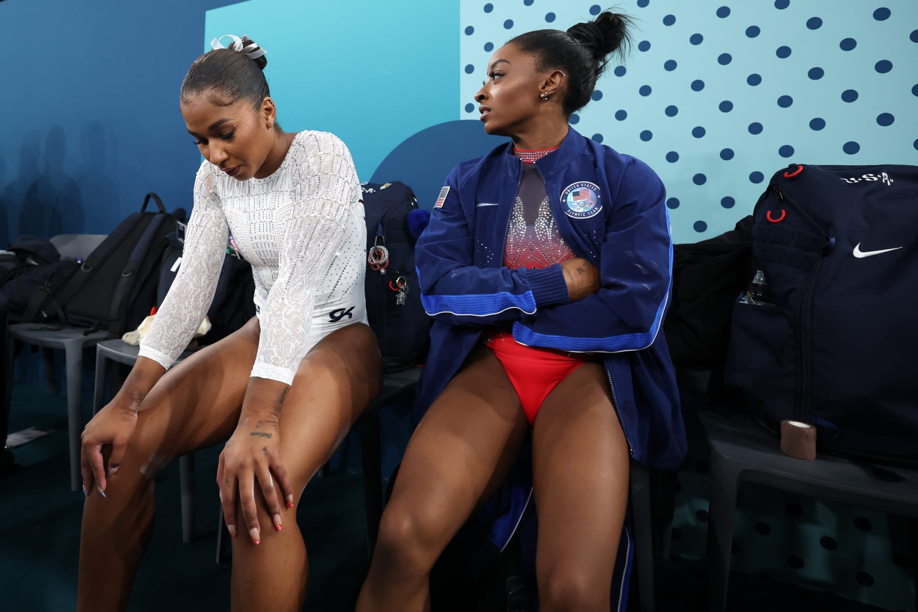 PARIS, FRANCE - AUGUST 05: Jordan Chiles of Team USA reacts after the apparatus floor final on day ten of the Olympic Games Paris 2024 at Bercy Arena on August 05, 2024 in Paris, France. (Photo by Naomi Baker/Getty Images)