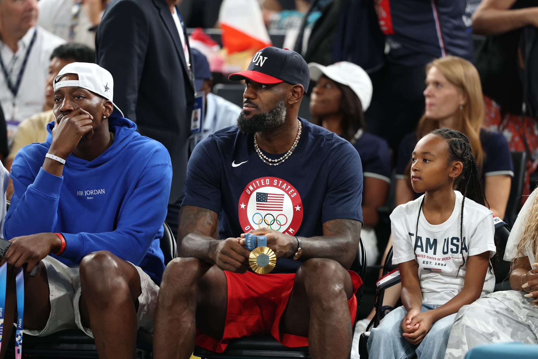 PARIS, FRANCE - AUGUST 11: Bam Adebayo and Lebron James of Team United States attend the Women's Gold Medal game between Team France and Team United States on day sixteen of the Olympic Games Paris 2024 at Bercy Arena on August 11, 2024 in Paris, France. (Photo by Gregory Shamus/Getty Images)