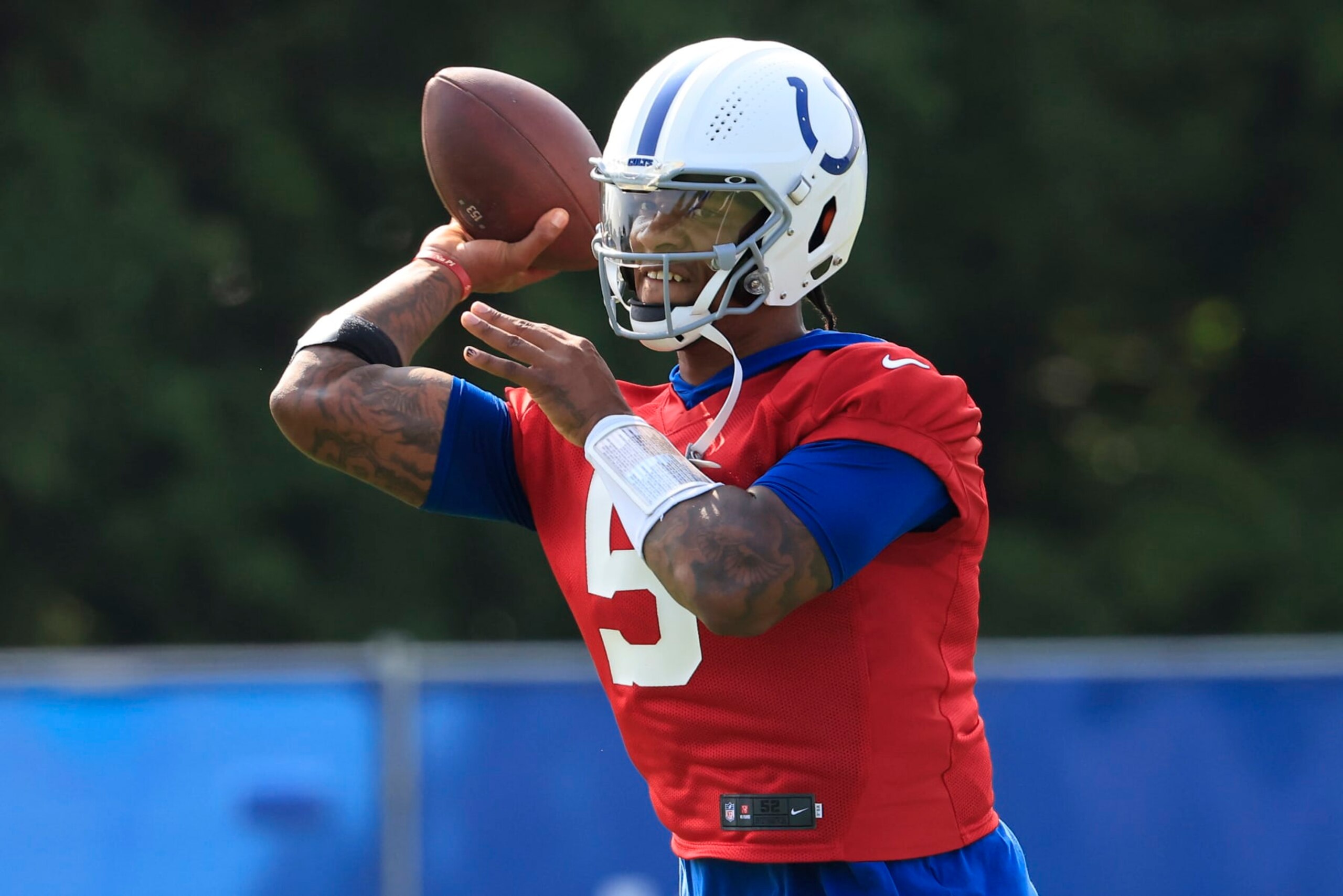WESTFIELD, INDIANA - JULY 25: Anthony Richardson #5 of the Indianapolis Colts runs a drill during training camp at Grand Park Sports Campus on July 25, 2024 in Westfield, Indiana. (Photo by Justin Casterline/Getty Images)