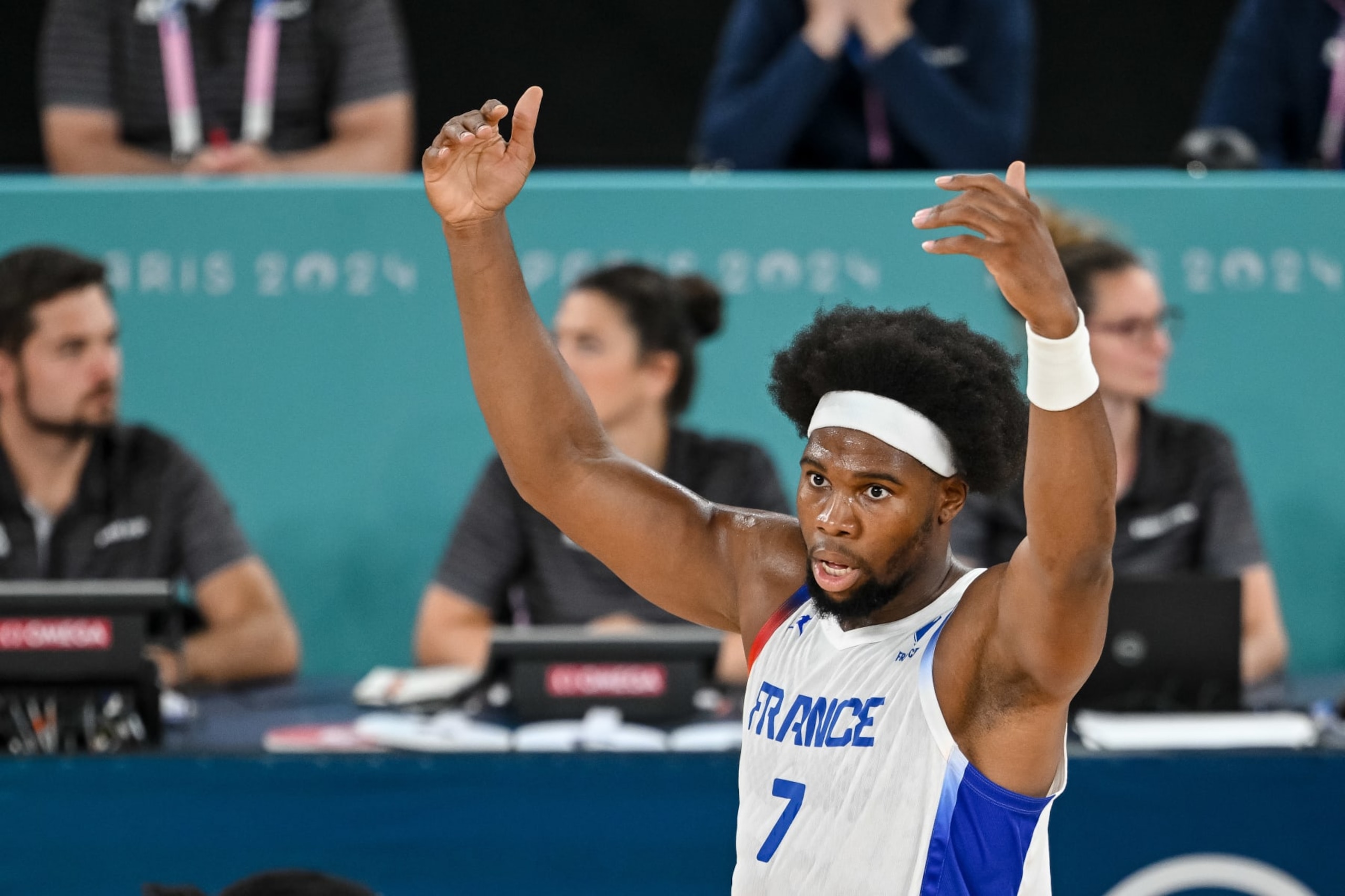 Guerschon Yabusele of France gestures during the Men's Basketball Gold Medal match between France and United States of America on Day 15 of the Olympic Games Paris 2024 at Bercy Arena on August 10, 2024 in Paris, France. (Photo by Harry Langer/DeFodi Images via Getty Images)