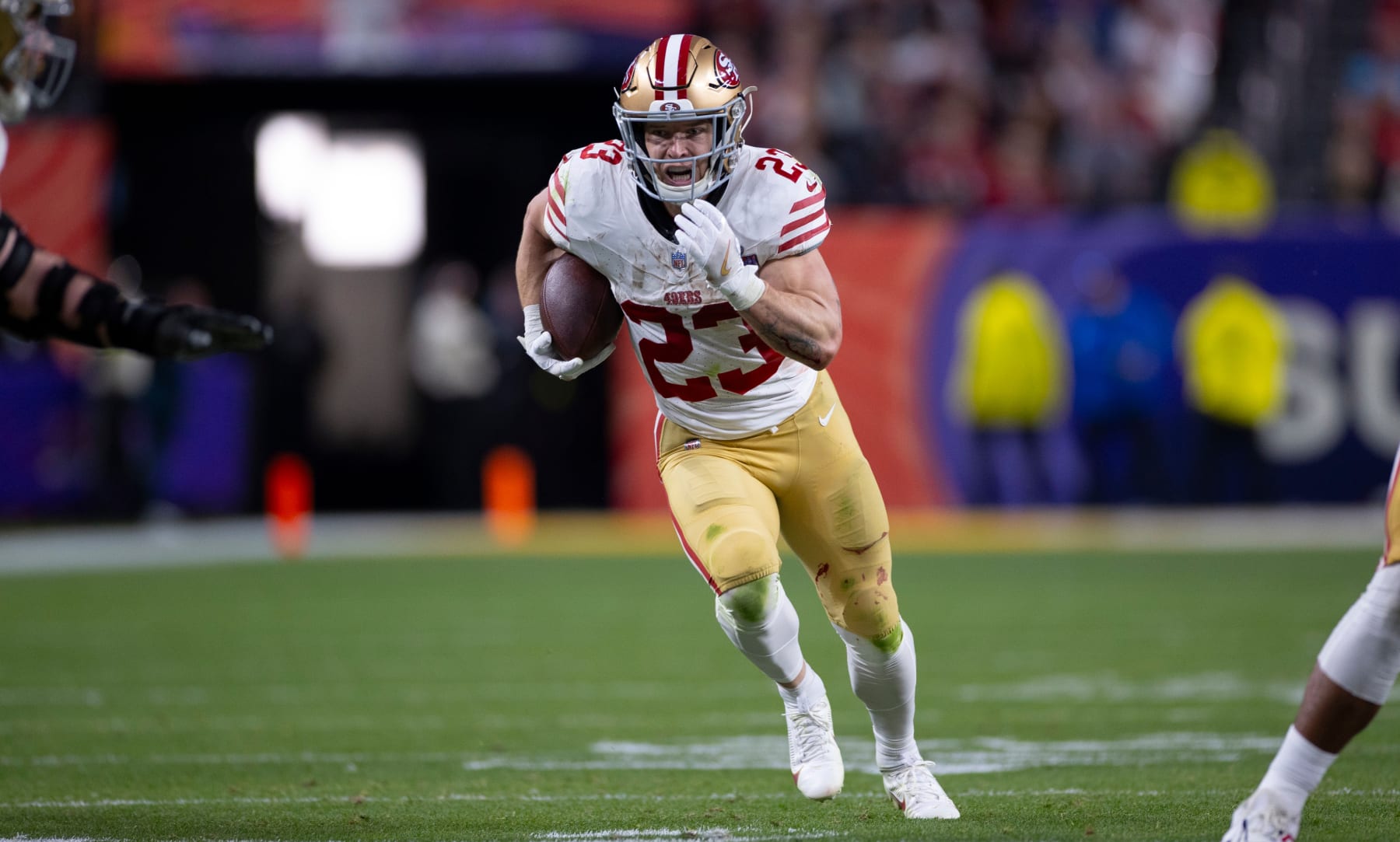 LAS VEGAS, NV - FEBRUARY 11: Christian McCaffrey #23 of the San Francisco 49ers heads to the end zone on a 21-yard touchdown catch during Super Bowl LVIII against the Kansas City Chiefs at Allegiant Stadium on February 11, 2024 in Las Vegas, Nevada. The Chiefs defeated the 49ers 25-22. (Photo by Michael Zagaris/San Francisco 49ers/Getty Images)