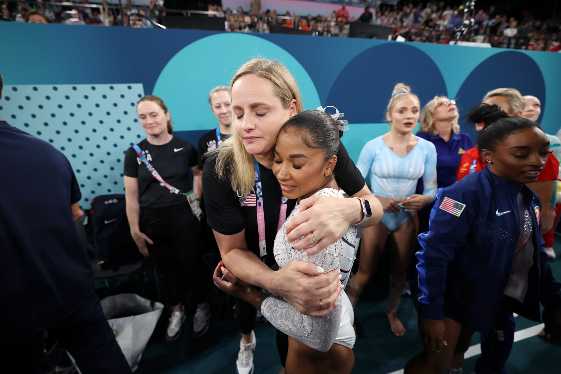 PARIS, FRANCE - AUGUST 05: Jordan Chiles of Team USA reacts after the apparatus floor final on day ten of the Olympic Games Paris 2024 at Bercy Arena on August 05, 2024 in Paris, France. (Photo by Naomi Baker/Getty Images)