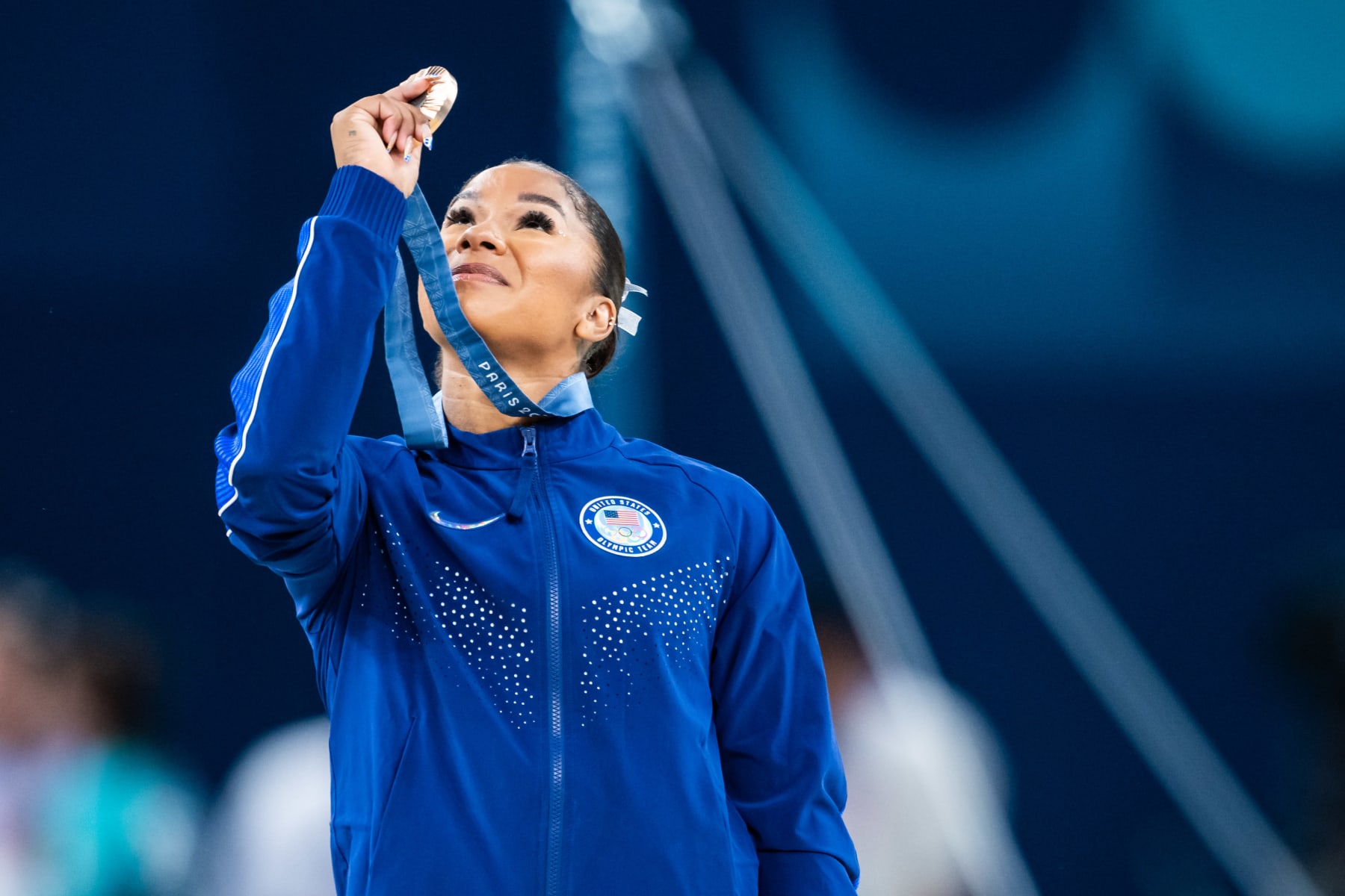 PARIS, FRANCE - AUGUST 5: Bronze medalist Jordan Chiles of Team United States celebrates after the Artistic Gymnastics Women's Floor Exercise Final on day ten of the Olympic Games Paris 2024 at the Bercy Arena on August 5, 2024 in Paris, France. (Photo by Tom Weller/VOIGT/GettyImages)
