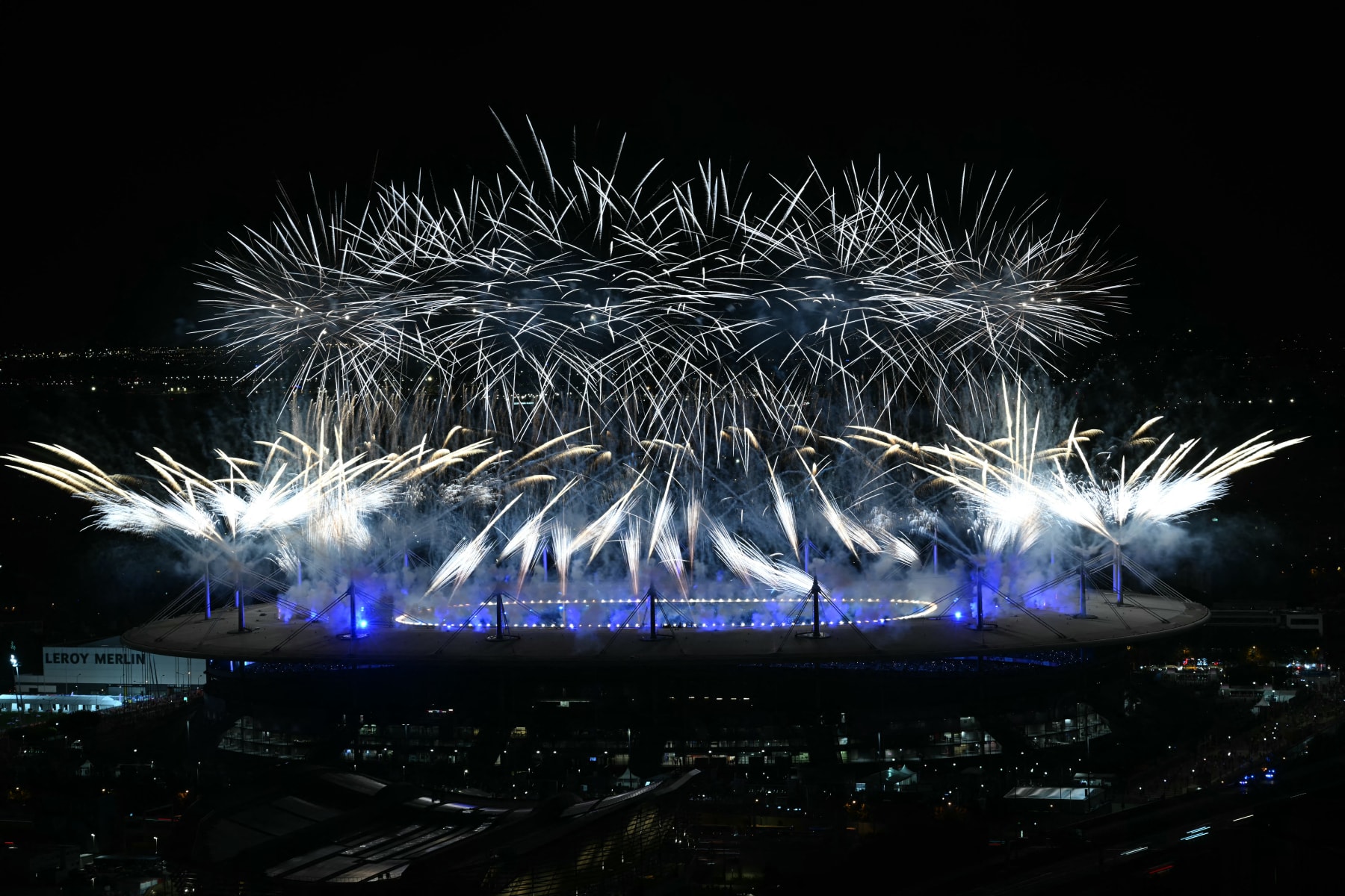 TOPSHOT - Fireworks iluminate the sky at the end of the closing ceremony of the Paris 2024 Olympic Games at the Stade de France, in Saint-Denis, in the outskirts of Paris, on August 11, 2024. (Photo by Mauro PIMENTEL / AFP) (Photo by MAURO PIMENTEL/AFP via Getty Images)
