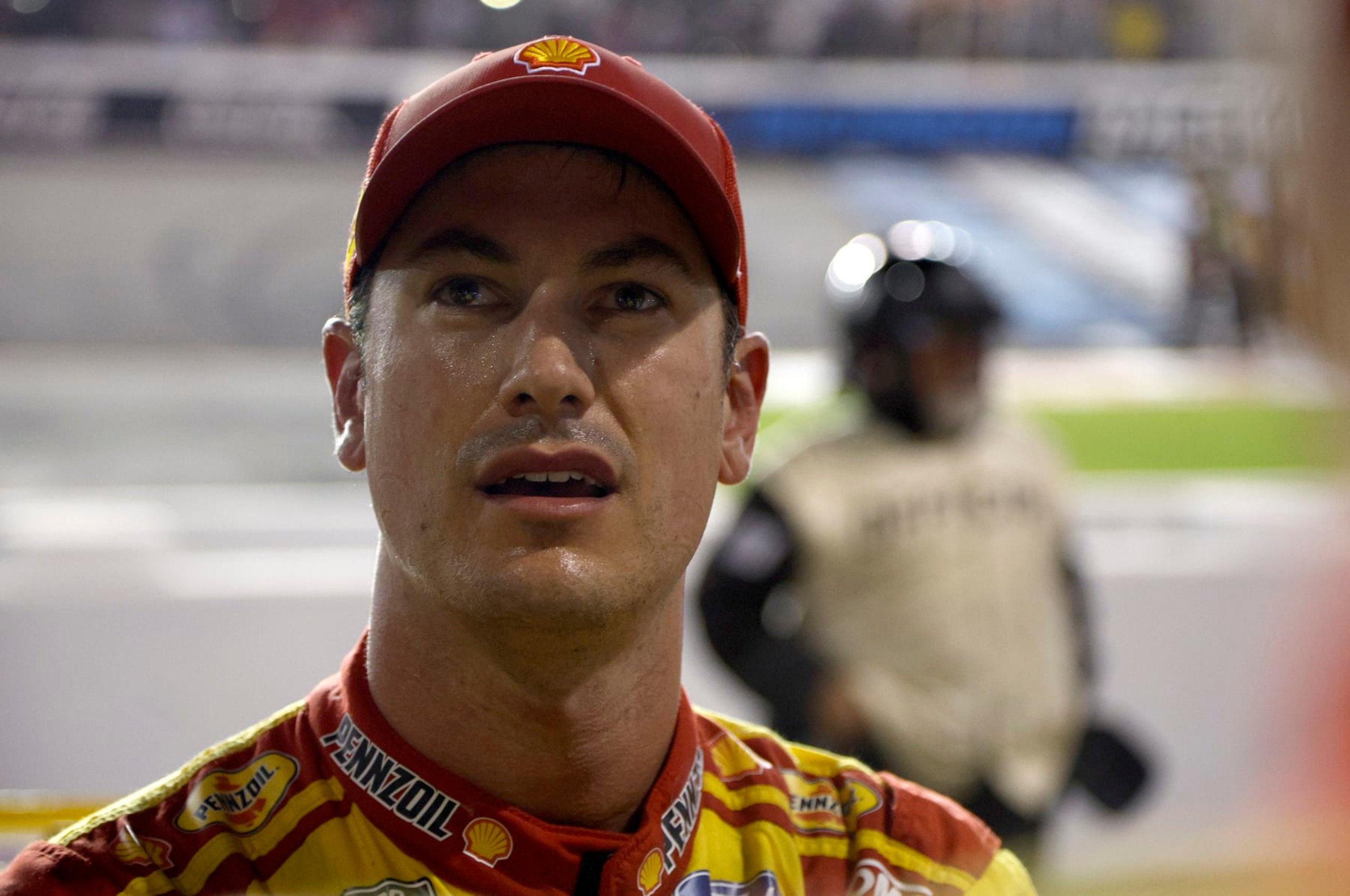 RICHMOND, VIRGINIA - AUGUST 11: Joey Logano, driver of the #22 Shell Pennzoil Ford, reacts after the NASCAR Cup Series Cook Out 400 at Richmond Raceway on August 11, 2024 in Richmond, Virginia. (Photo by Sean Gardner/Getty Images)