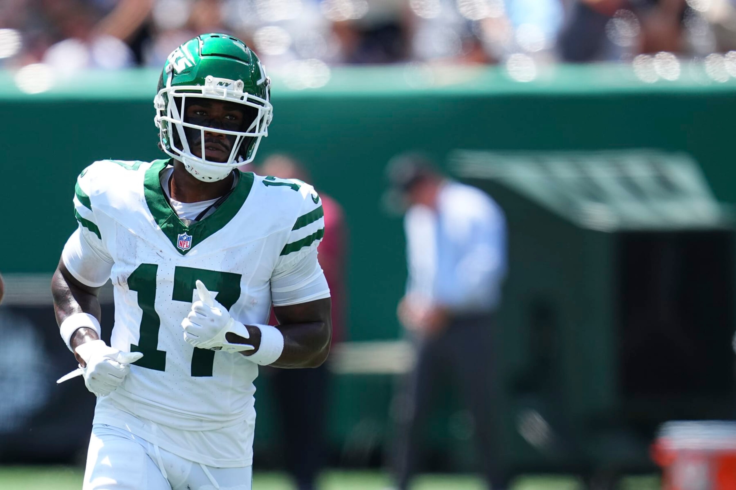 EAST RUTHERFORD, NEW JERSEY - AUGUST 10: Malachi Corley #17 of the New York Jets looks on against the Washington Commanders during the preseason game at MetLife Stadium on August 10, 2024 in East Rutherford, New Jersey. The Jets defeated the Commanders 20-17. (Photo by Mitchell Leff/Getty Images)