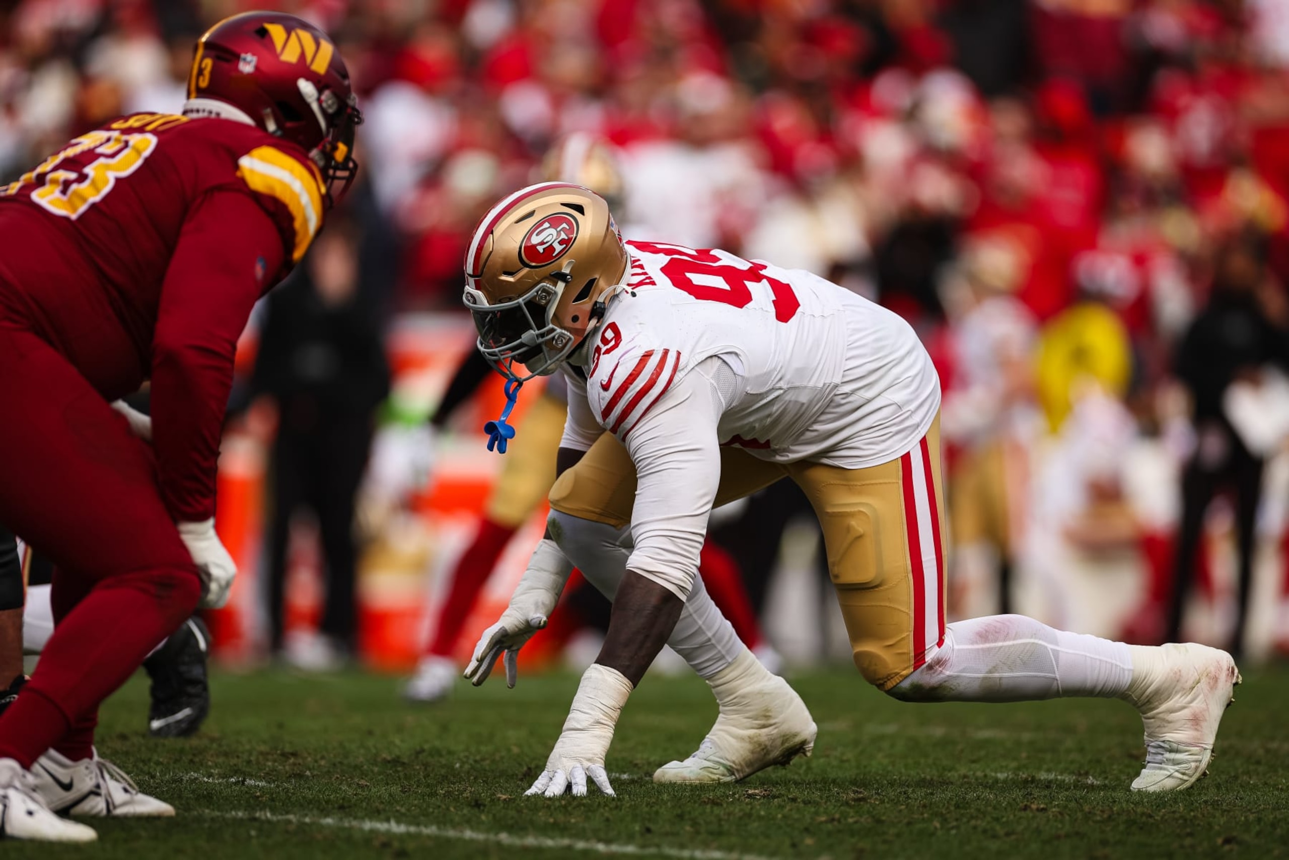 LANDOVER, MD - DECEMBER 31: Javon Kinlaw #99 of the San Francisco 49ers lines up against the Washington Commanders during the second half of the game at FedExField on December 31, 2023 in Landover, Maryland. (Photo by Scott Taetsch/Getty Images)