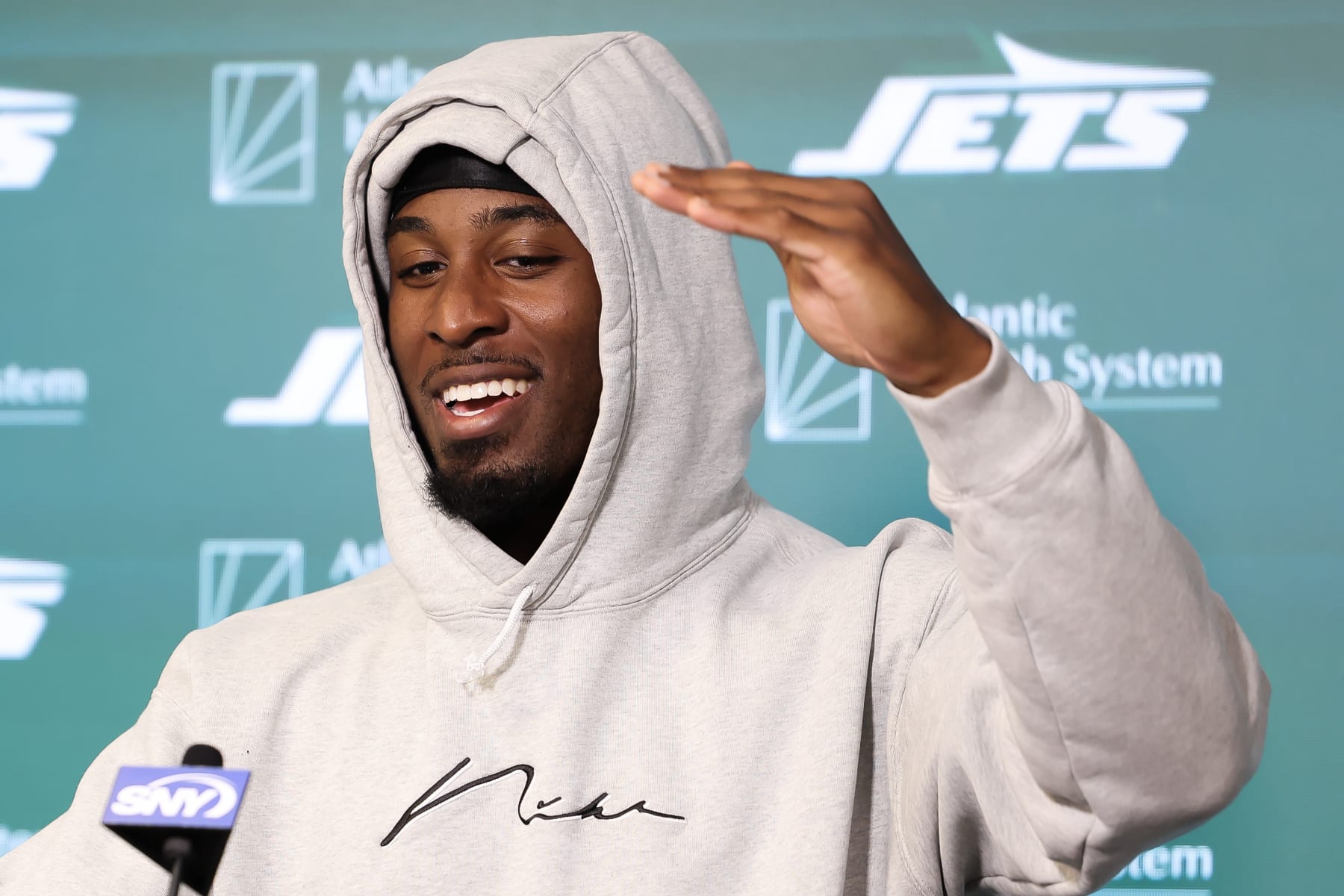 FLORHAM PARK, NEW JERSEY - JUNE 11: Breece Hall #20 of the New York Jets speaks to the media during New York Jets Mandatory Minicamp at Atlantic Health Jets Training Center on June 11, 2024 in Florham Park, New Jersey.  (Photo by Luke Hales/Getty Images)