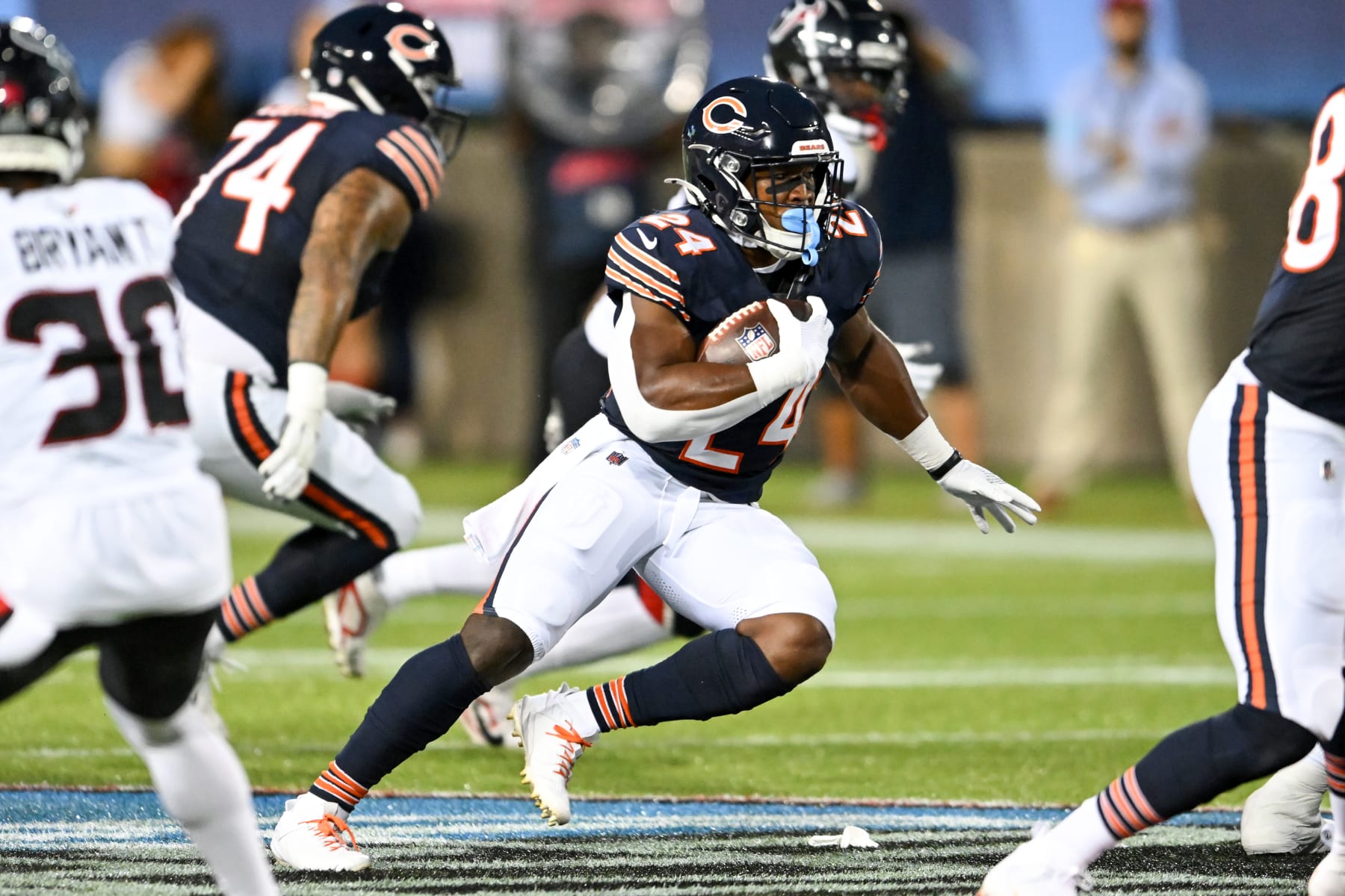 CANTON, OHIO - AUGUST 01: Khalil Herbert #24 of the Chicago Bears carries the ball during the first half of the 2024 Pro Football Hall of Fame Game against the Houston Texans at Tom Benson Hall Of Fame Stadium on August 01, 2024 in Canton, Ohio. (Photo by Nick Cammett/Getty Images)