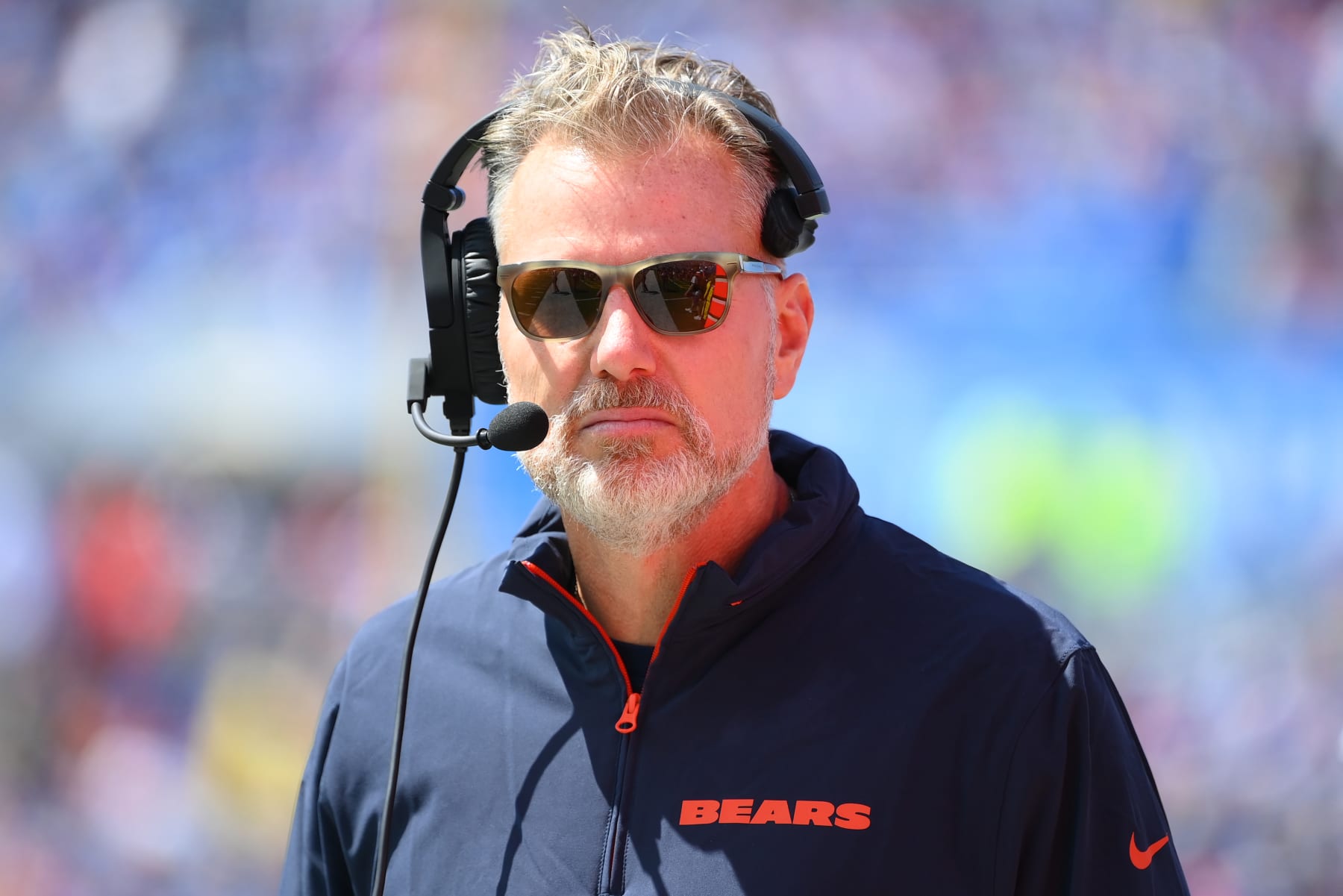 ORCHARD PARK, NEW YORK - AUGUST 10: Head coach Matt Eberflus of the Chicago Bears looks on against the Buffalo Bills during the first half of a preseason game at Highmark Stadium on August 10, 2024 in Orchard Park, New York. (Photo by Rich Barnes/Getty Images)