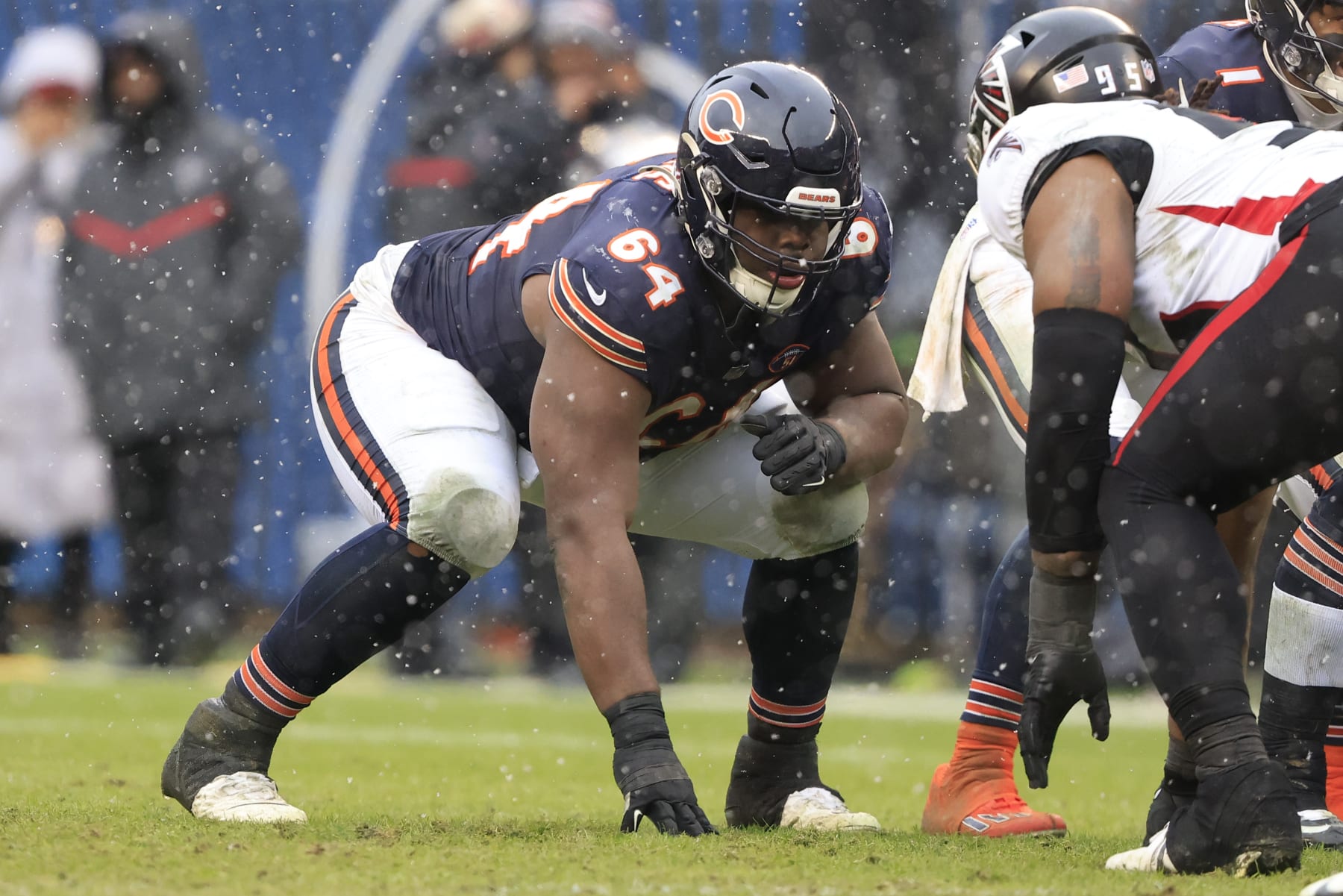 CHICAGO, ILLINOIS - DECEMBER 31: Nate Davis #64 of the Chicago Bears in action in the game against the Atlanta Falcons at Soldier Field on December 31, 2023 in Chicago, Illinois. (Photo by Justin Casterline/Getty Images)