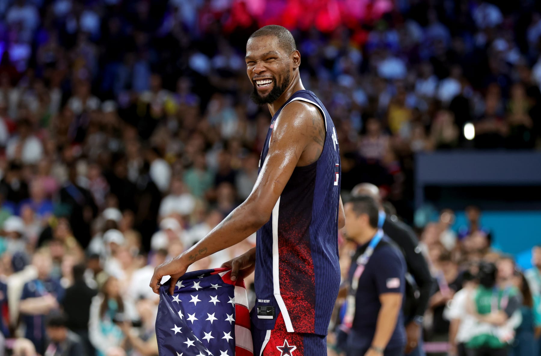 PARIS, FRANCE - AUGUST 10:  Kevin Durant of United States celebrates after his team's victory during the Men's Gold Medal game between France and United States on day fifteen of the Olympic Games Paris 2024 at Bercy Arena on August 10, 2024 in Paris, France. (Photo by Christina Pahnke - sampics/Getty Images)