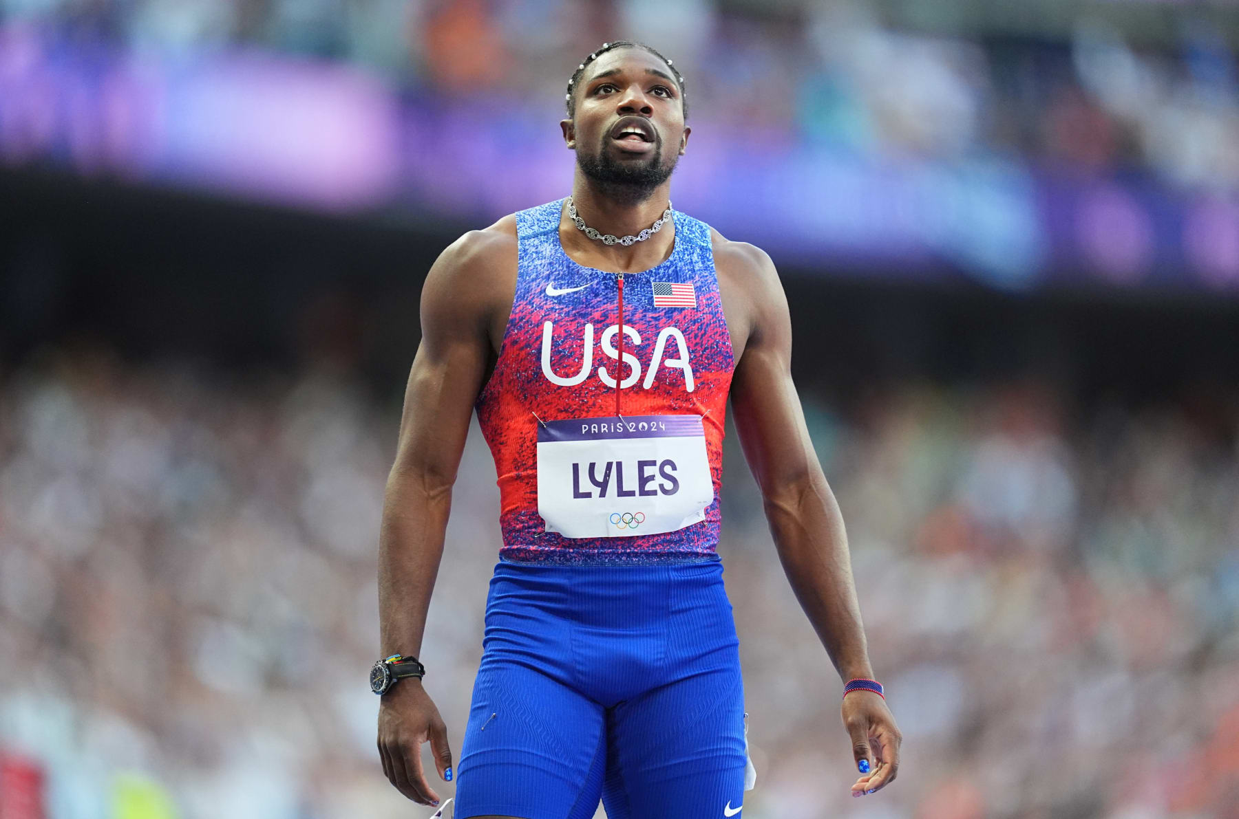 Noah Lyles of USA competes during the Men's Athletics 200m men's final on Day 13 of the Olympic Games Paris 2024 at Stade de France on August 8, 2024 in Saint-Denis, France. (Photo by Ulrik Pedersen/DeFodi Images via Getty Images)