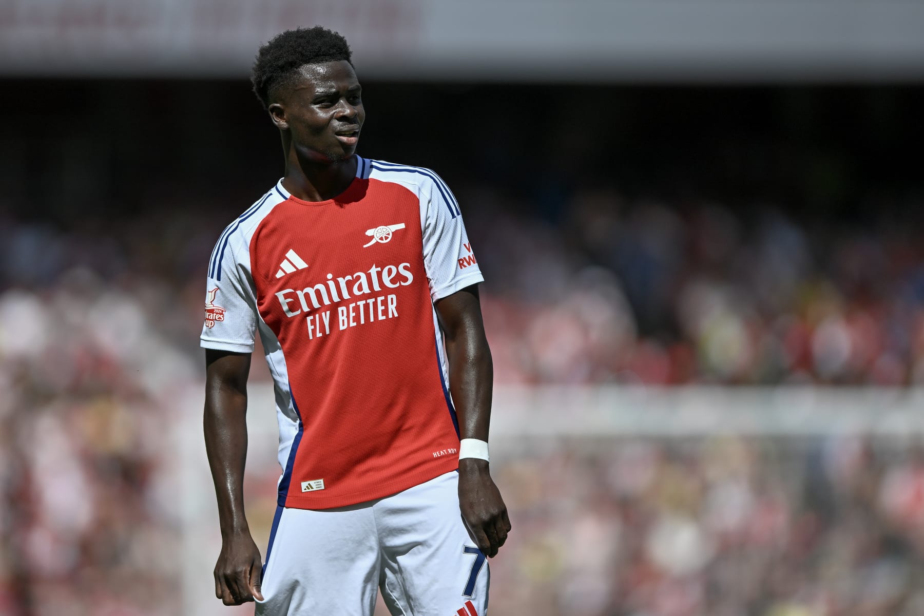 LONDON, ENGLAND - AUGUST 11: Bukayo Saka of Arsenal during the pre-season friendly match between Arsenal and Olympique Lyonnais at Emirates Stadium on August 11, 2024 in London, England. (Photo by Vince Mignott/MB Media/Getty Images)
