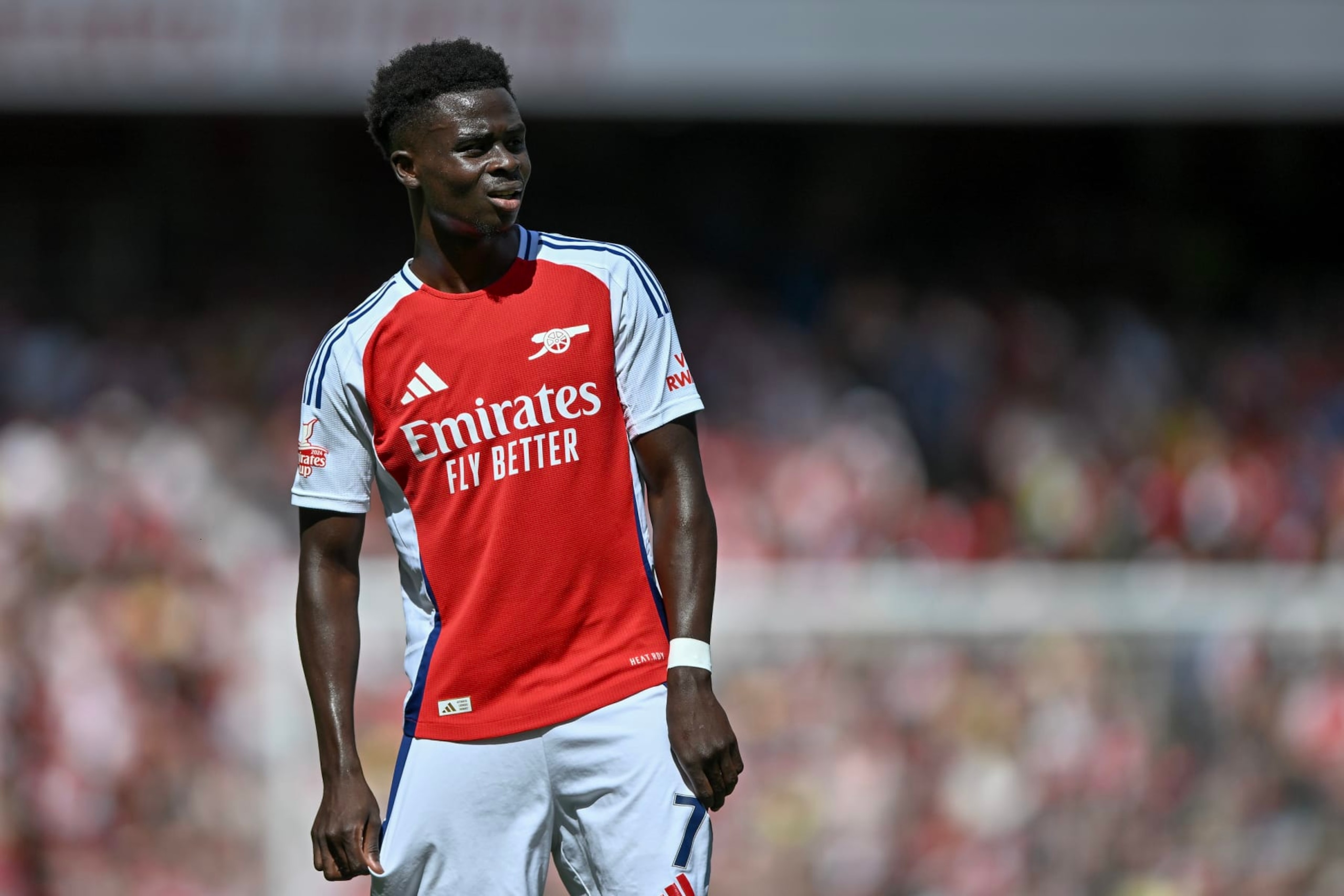 LONDON, ENGLAND - AUGUST 11: Bukayo Saka of Arsenal during the pre-season friendly match between Arsenal and Olympique Lyonnais at Emirates Stadium on August 11, 2024 in London, England. (Photo by Vince Mignott/MB Media/Getty Images)