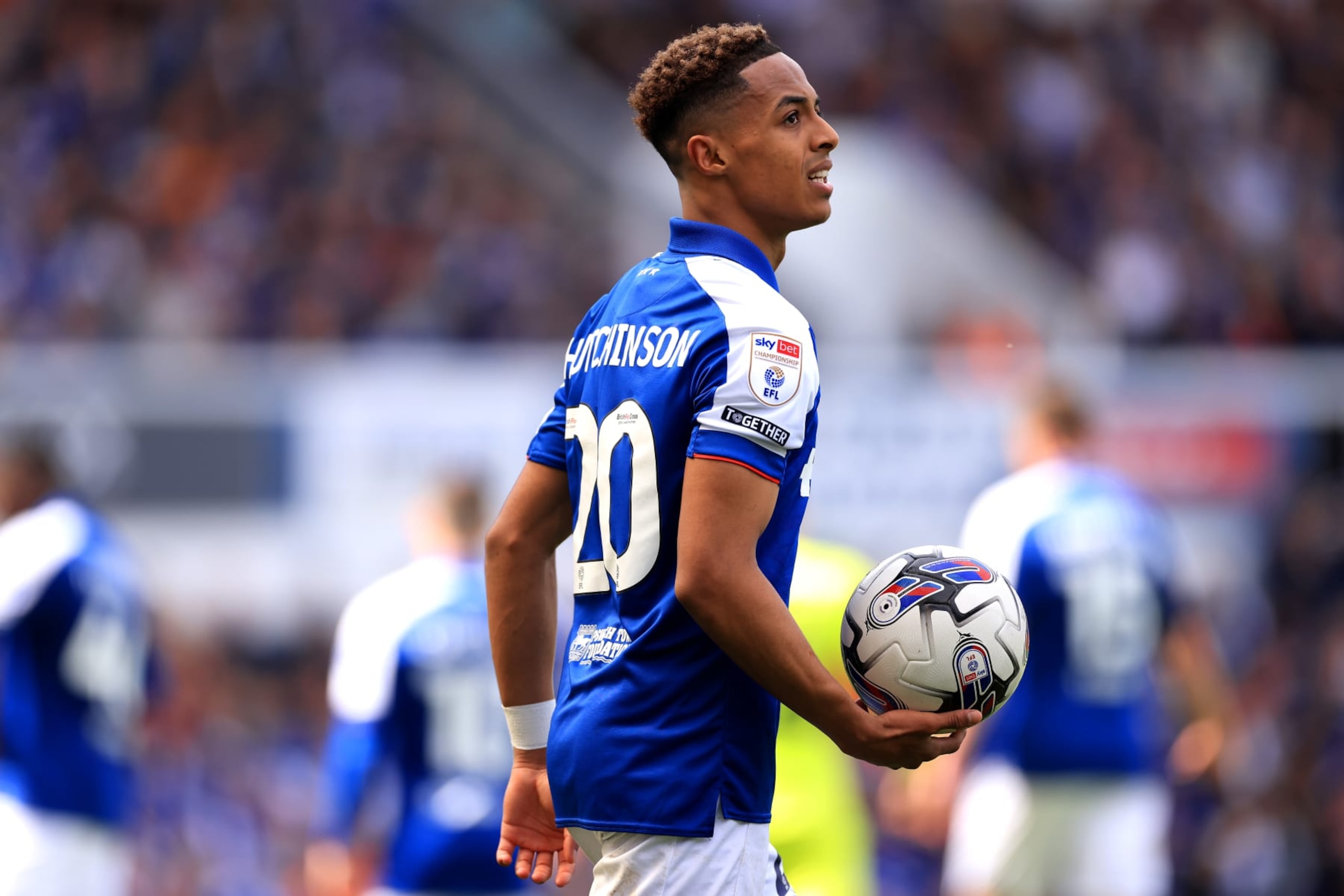 IPSWICH, ENGLAND - MAY 04: Omari Hutchinson of Ipswich Town during the Sky Bet Championship match between Ipswich Town and Huddersfield Town at Portman Road on May 04, 2024 in Ipswich, England. (Photo by Stephen Pond/Getty Images)