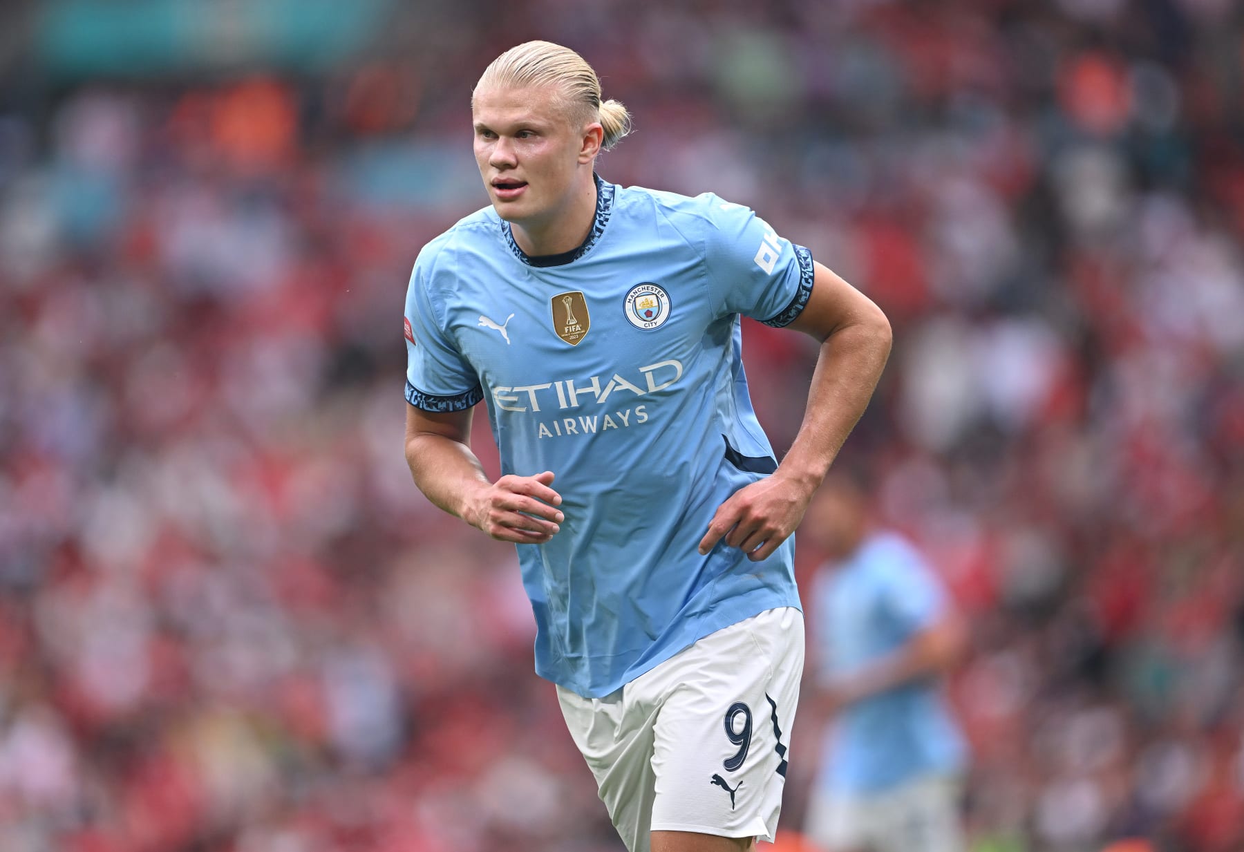 LONDON, ENGLAND - AUGUST 10: Erling Haaland of Manchester City in action during the 2024 FA Community Shield match between Manchester United and Manchester City at Wembley Stadium on August 10, 2024 in London, England. (Photo by Stu Forster/Getty Images)